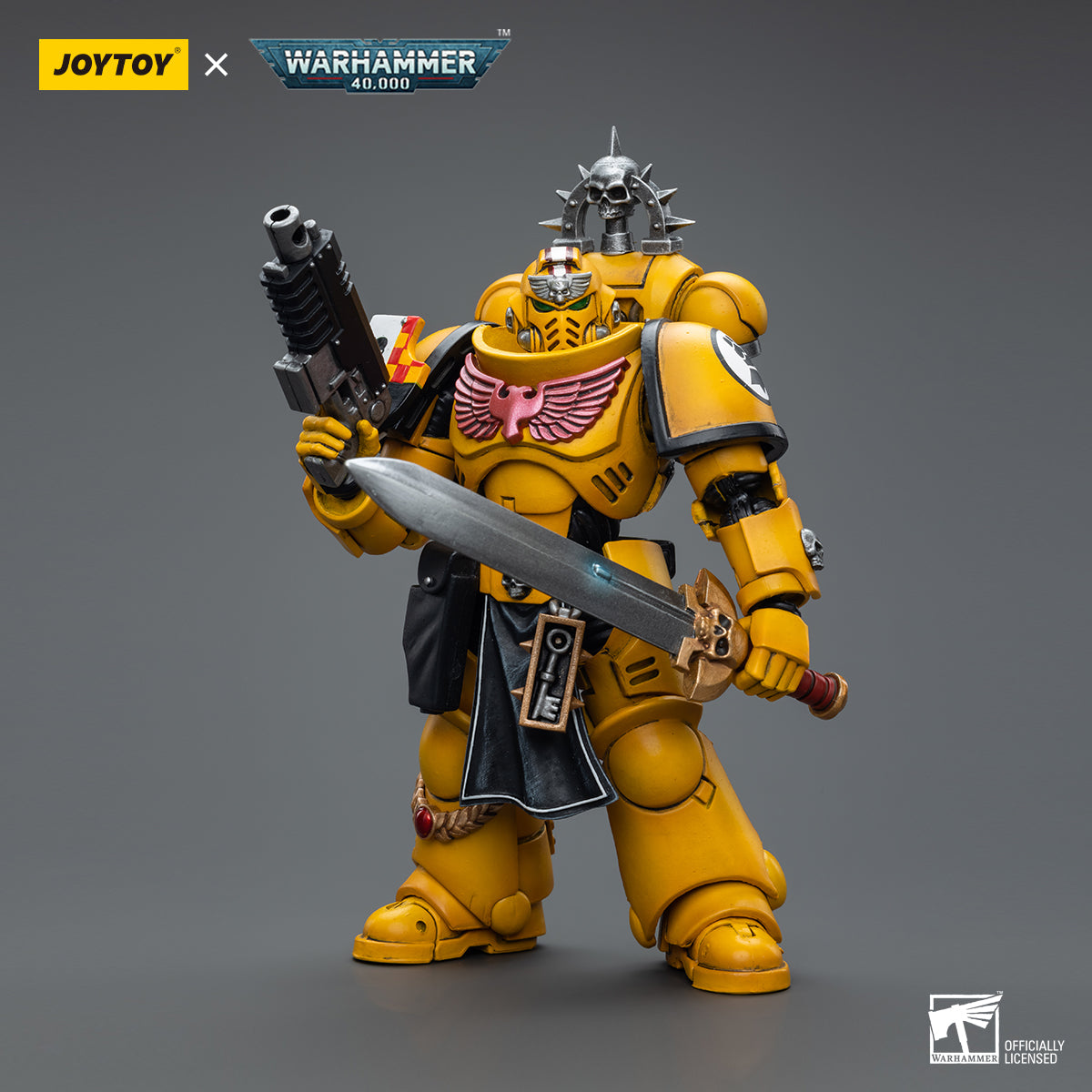 Front view of the Imperial Fists Lieutenant, proudly displaying his iconic yellow armor. He wields a Power Sword, its glowing blade poised for battle.
