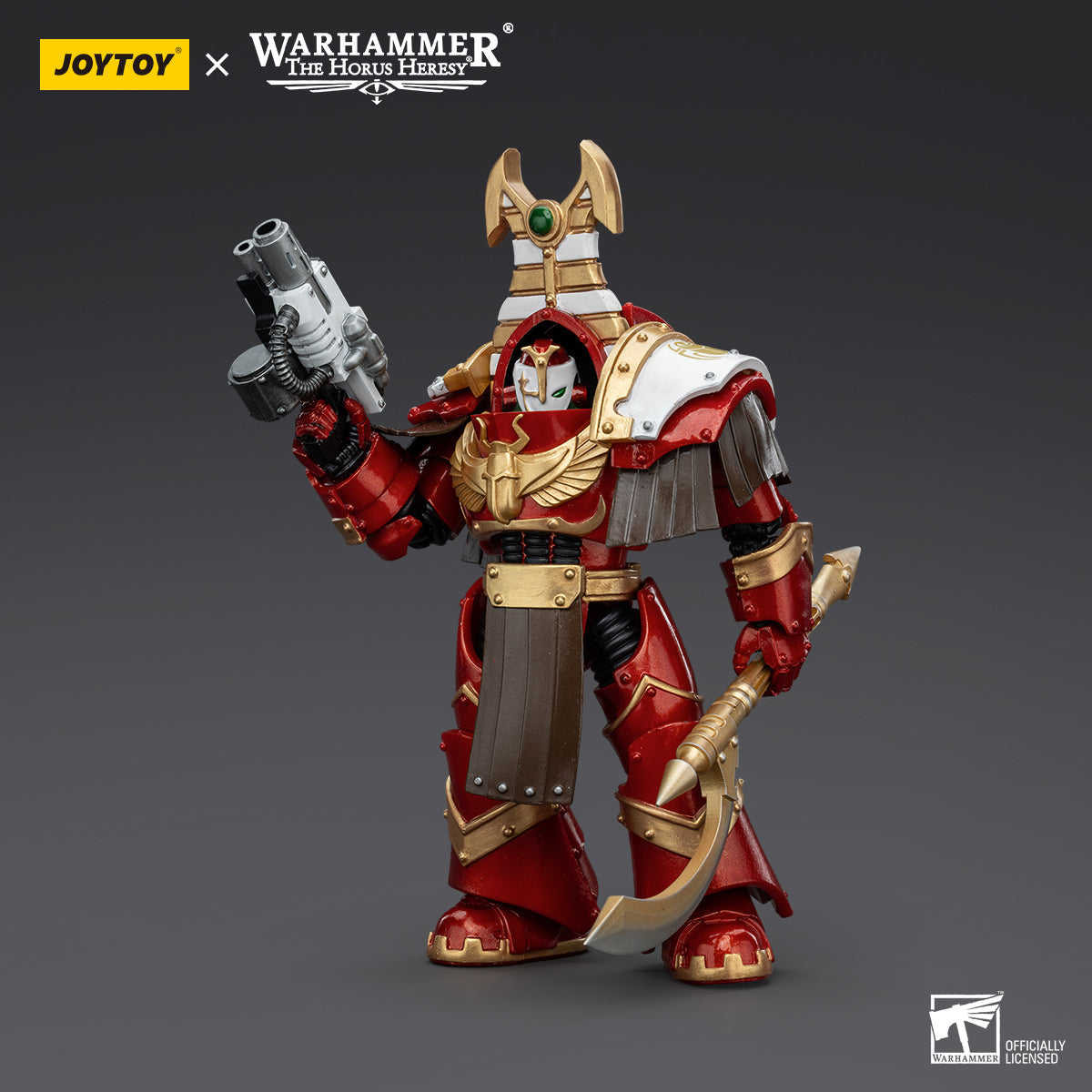 Side view of Thousand Sons Sekhmet Terminator Cabal Sekhmet with Combi-Melta and Achea Force Weapon. The combi-melta is aimed forward, and the Achea Force Weapon is raised, ready for action.