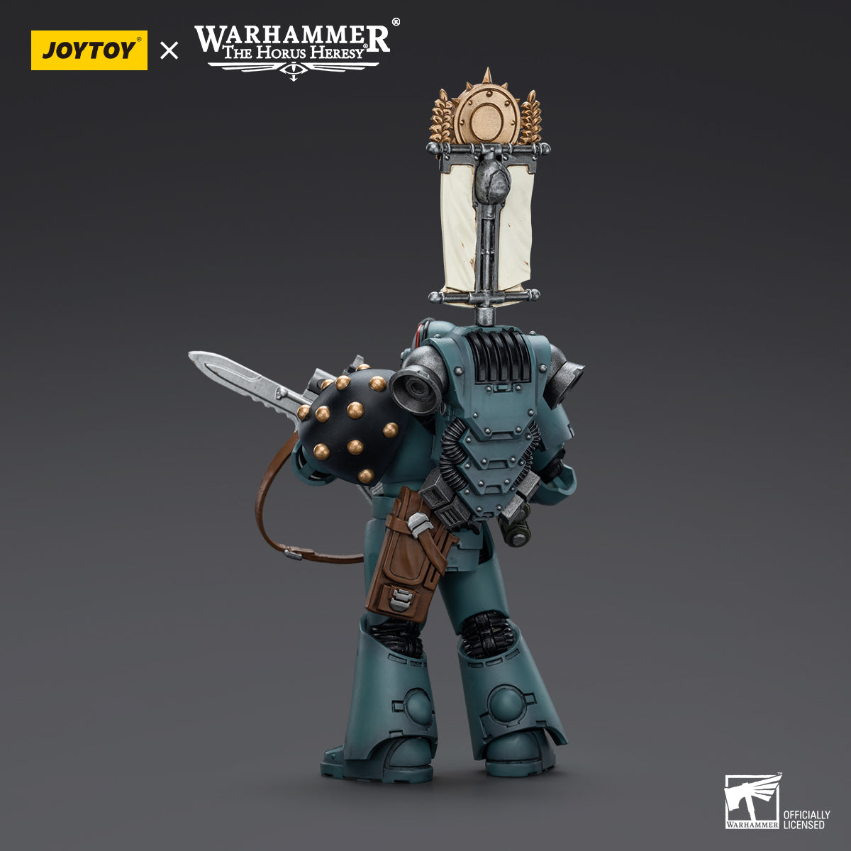 Back view of Sons of Horus MKVI Tactical Squad Legionary with Legion Vexilla, highlighting the rear armor, power pack, and the banner's placement on the figure.