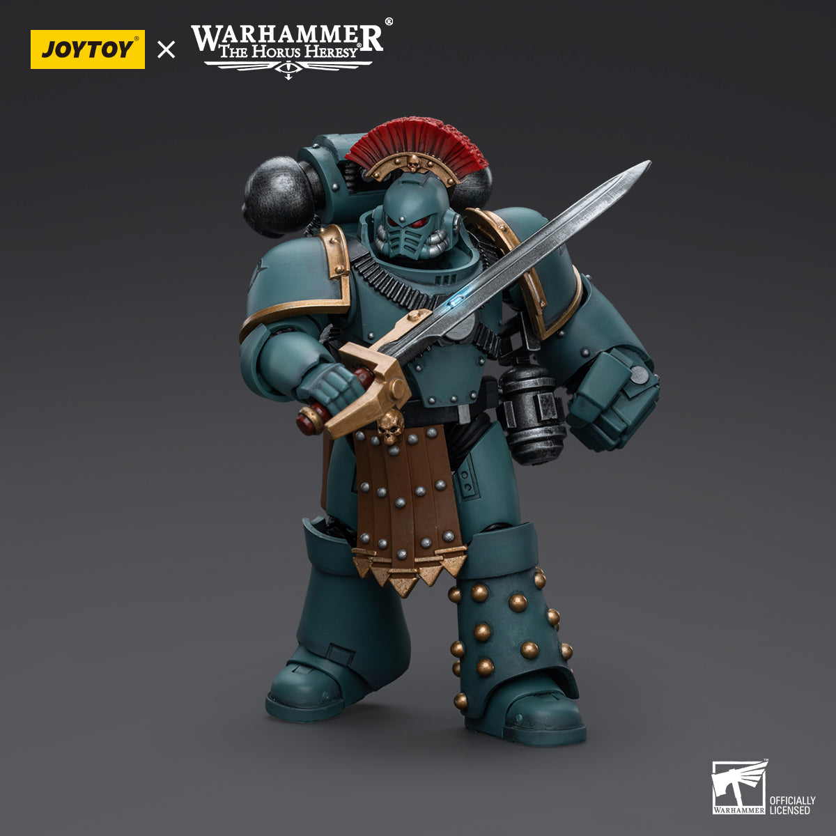 Sons of Horus MKIV Tactical Squad Sergeant with Power Fist in combat stance, ready to strike with the Power Fist raised in a powerful offensive position.
