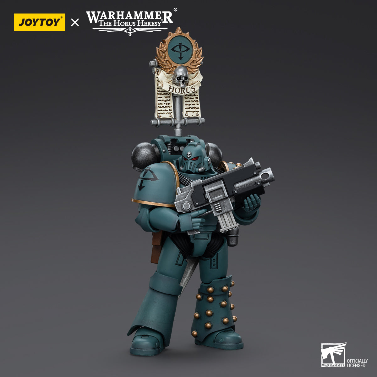 Sons of Horus MKVI Tactical Squad Legionary with Legion Vexilla in combat stance, holding the Vexilla high as a rallying symbol, ready to lead the charge with full armor.