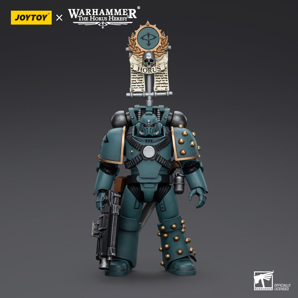 Sons of Horus MKVI Tactical Squad Legionary with Legion Vexilla, front view. The Legionary stands proudly, holding the Legion Vexilla high, with intricate MKVI armor and Sons of Horus insignia clearly visible.