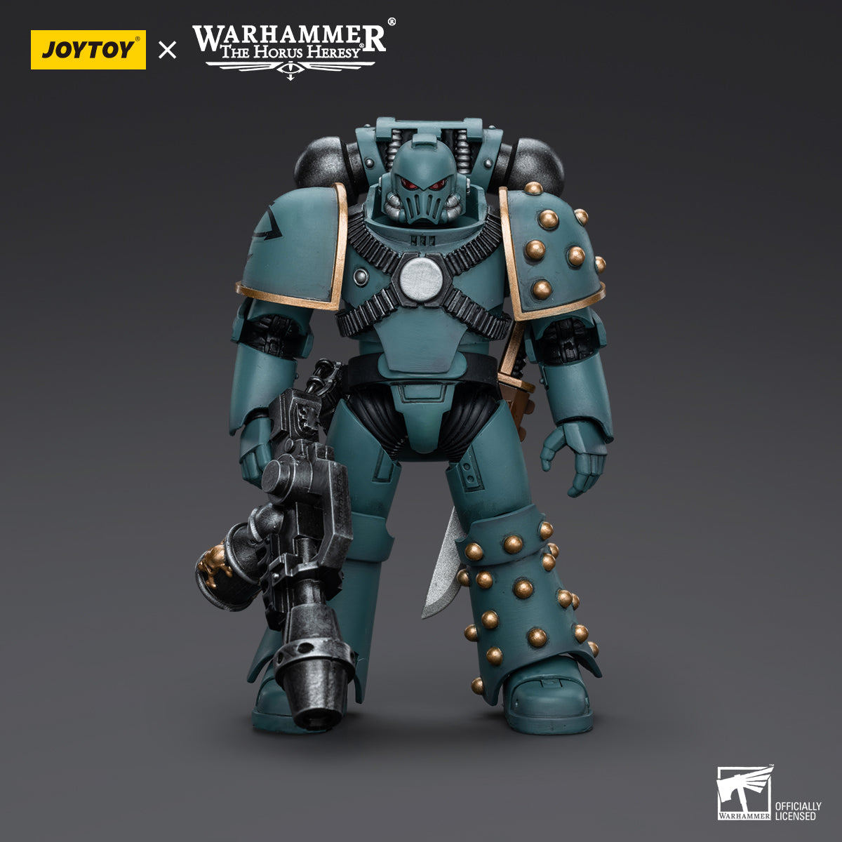 Sons of Horus MKIV Tactical Squad Legionary with Flamer, front view. The Legionary holds the Flamer in a ready position, with detailed MKIV armor and Sons of Horus insignia clearly visible on the chest.