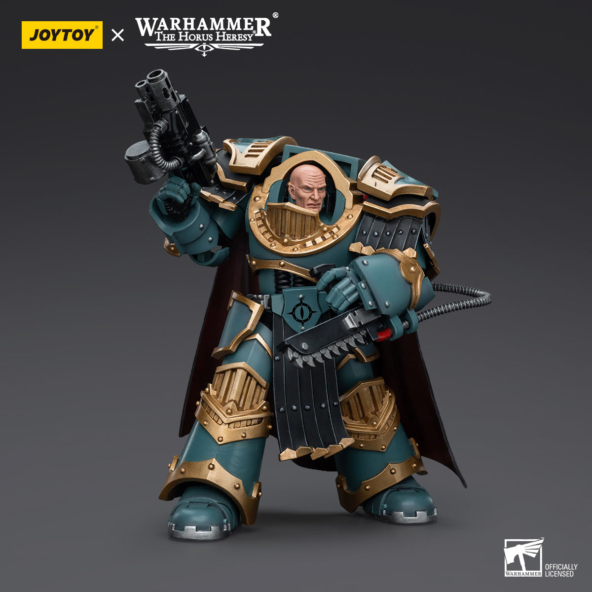 Sons of Horus Praetor in Cataphractii Terminator Armour in combat pose, holding his weapon in a powerful stance, fully armored and ready to lead his forces into battle