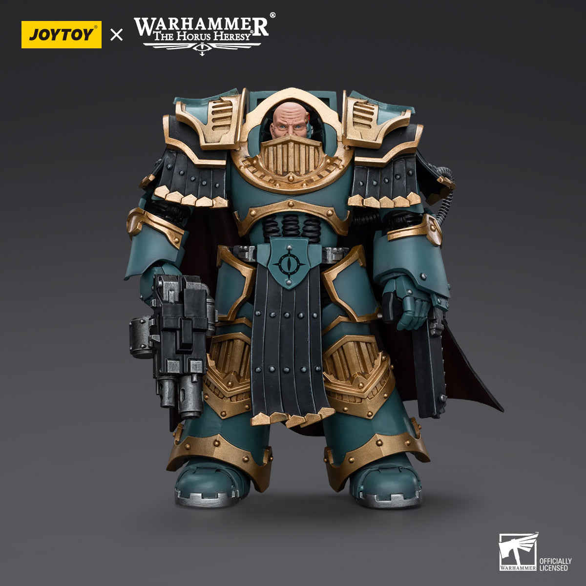Sons of Horus Praetor in Cataphractii Terminator Armour, front view. The Praetor stands proudly in his heavily armored Cataphractii suit, holding his weapon at the ready, with detailed chapter insignia and power armor aesthetics.
