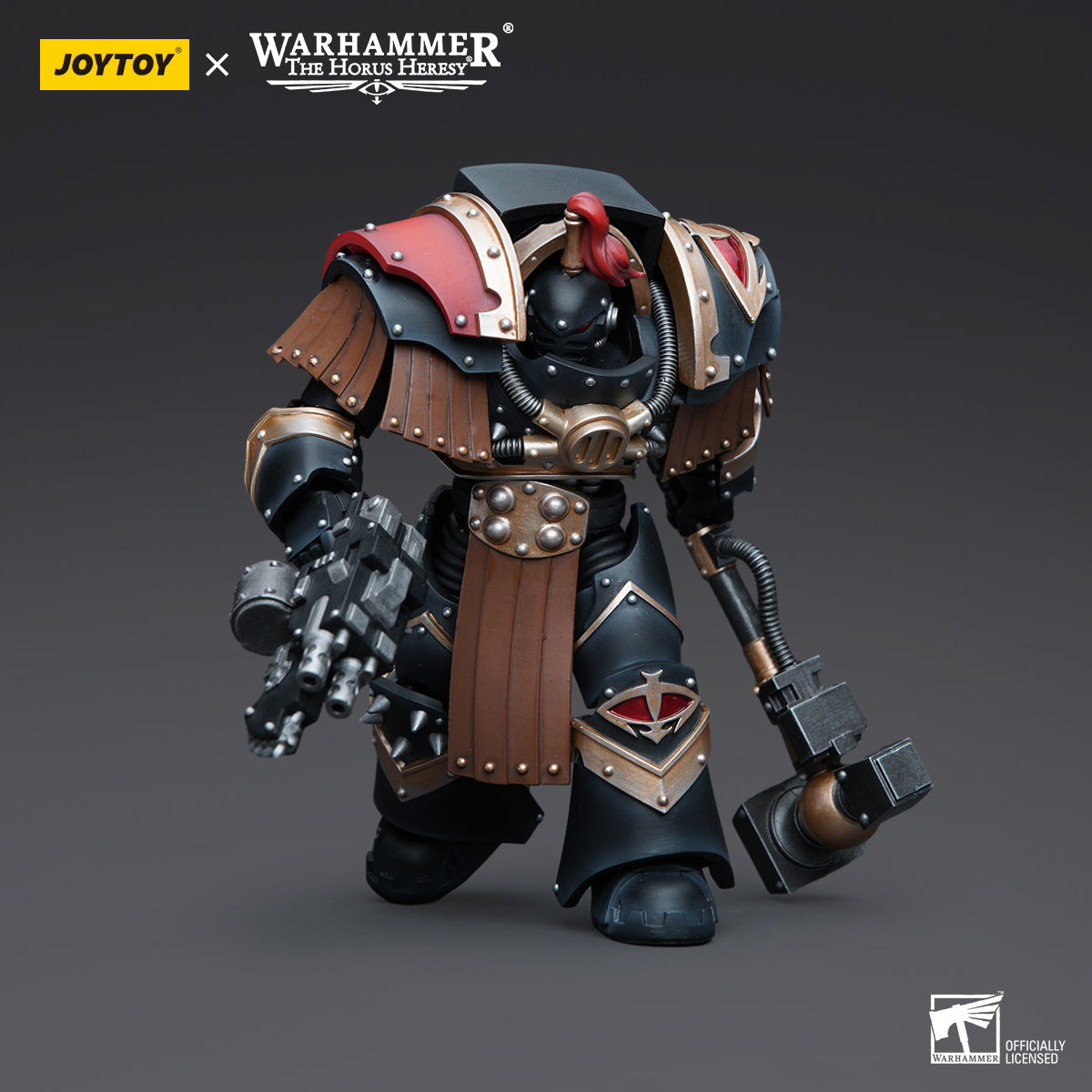 Sons of Horus Justaerin Terminator with Thunder Hammer in marching pose, with the Thunder Hammer resting on his shoulder, marching forward with purpose and his heavy armor ensuring his dominance.