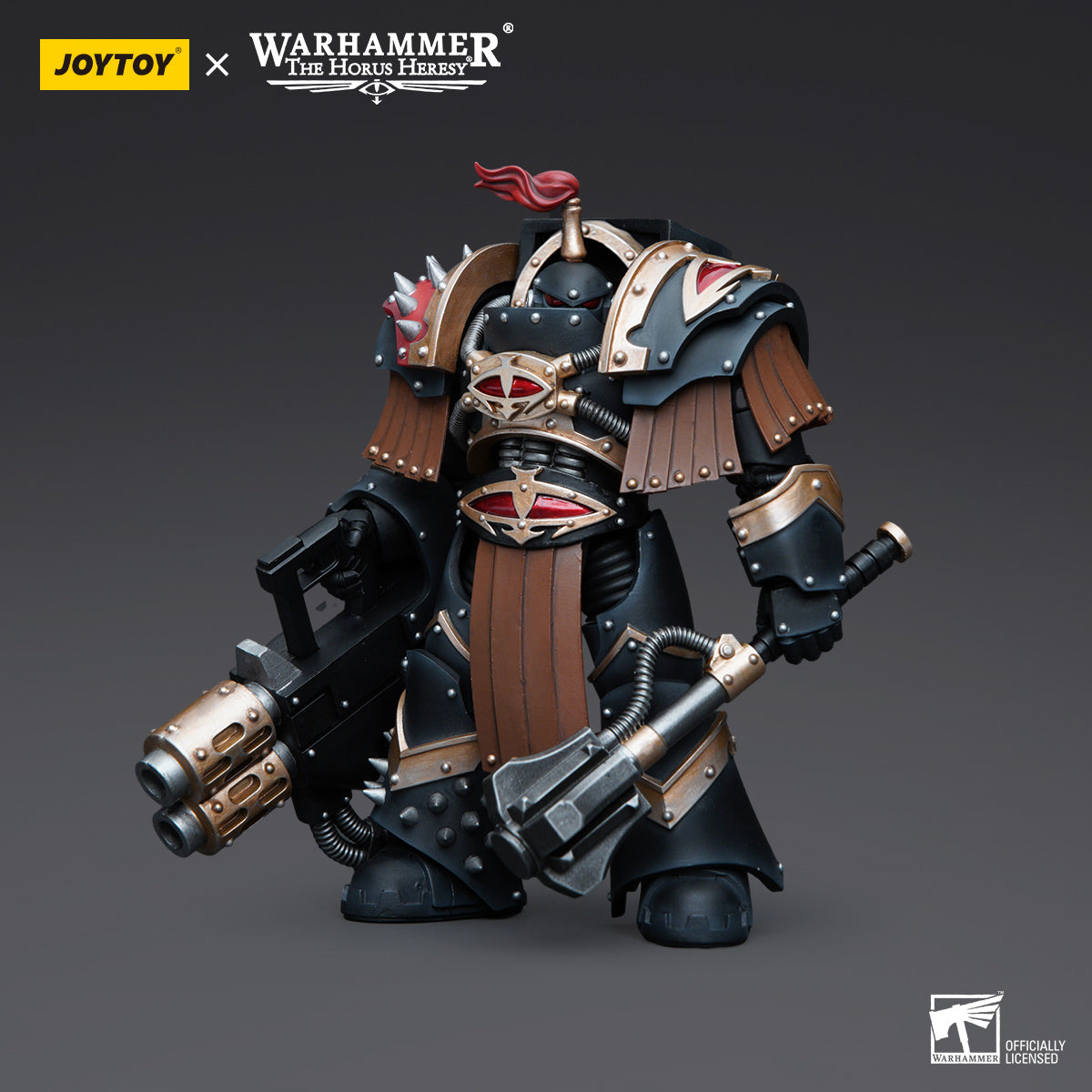 Sons of Horus Justaerin Terminator with Multi-melta and Power Maul, front view. The Justaerin stands confidently with the Multi-melta aimed forward in one hand and a raised Power Maul in the other, both weapons ready for devastating combat.