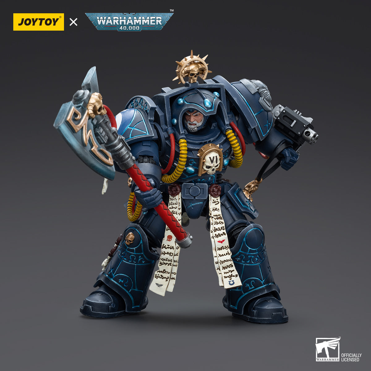 Ultramarines Librarian in Terminator Armor, poised in a psychic battle stance