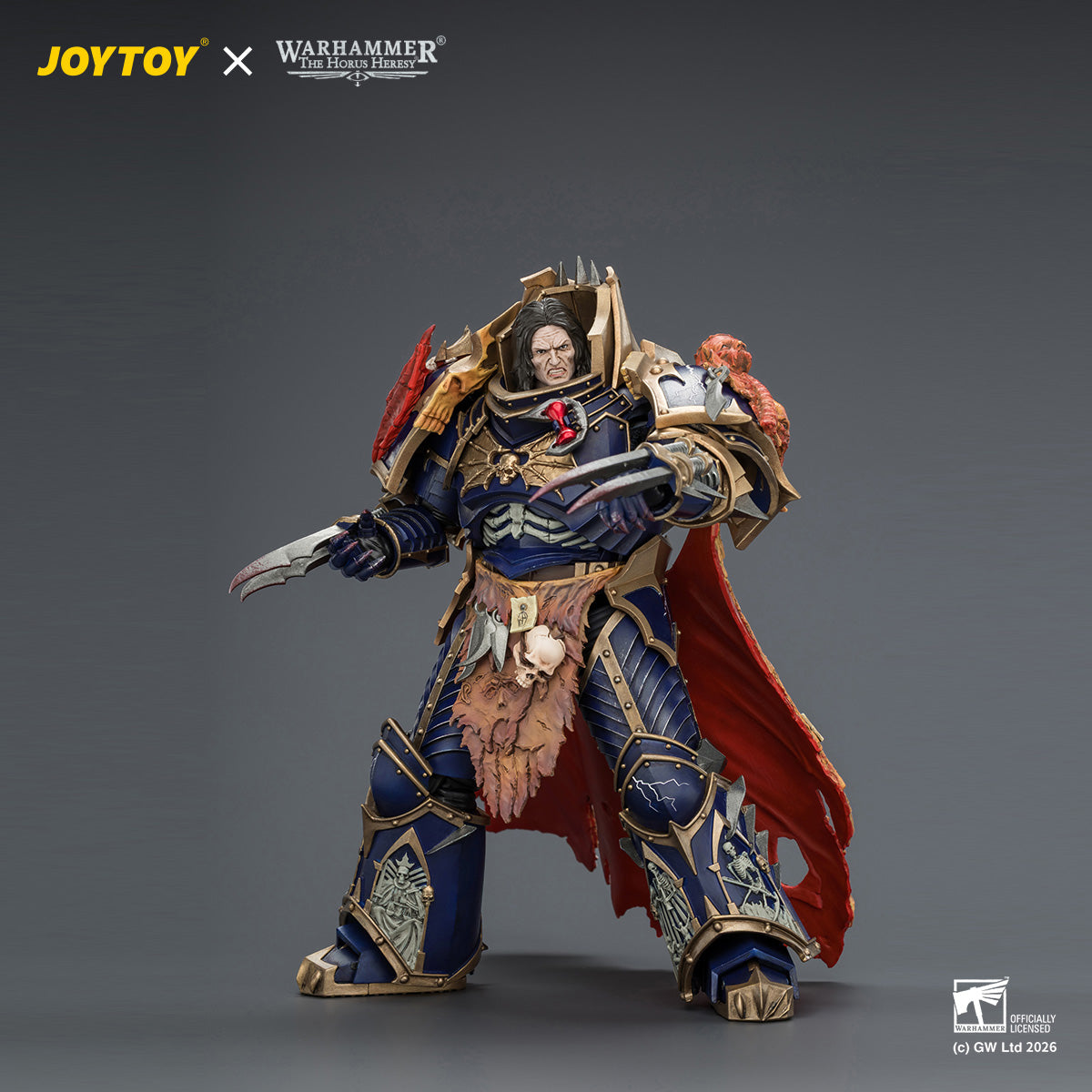 Rear full-body view of the JOYTOY Warhammer 40K Konrad Curze figure, highlighting the macabre lore-accurate flayed skin cape adorned with skulls, bones, and the intricate back power pack design.