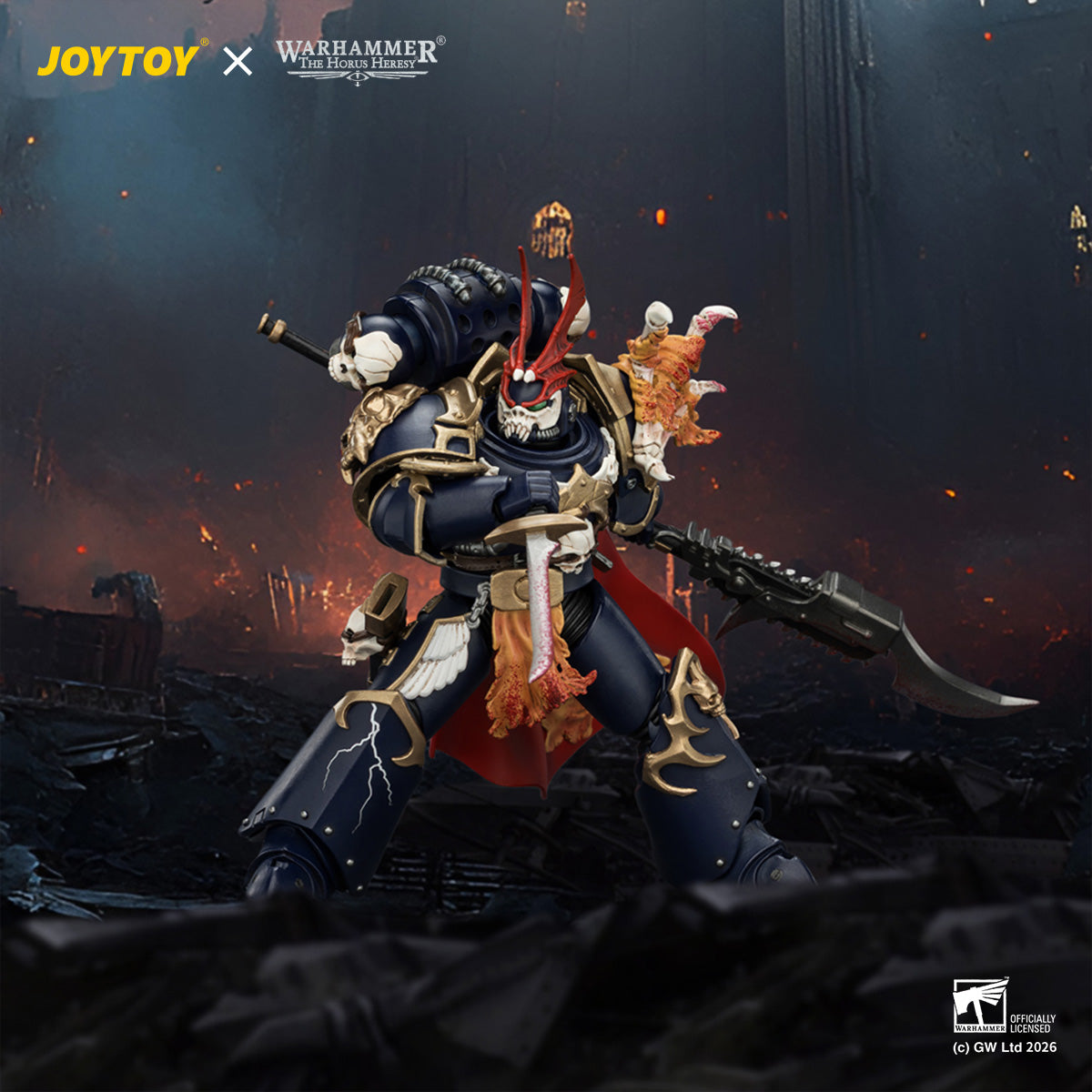 Night Lords Sevatar bat-winged skull helmet and red crest details, Warhammer Horus Heresy character.