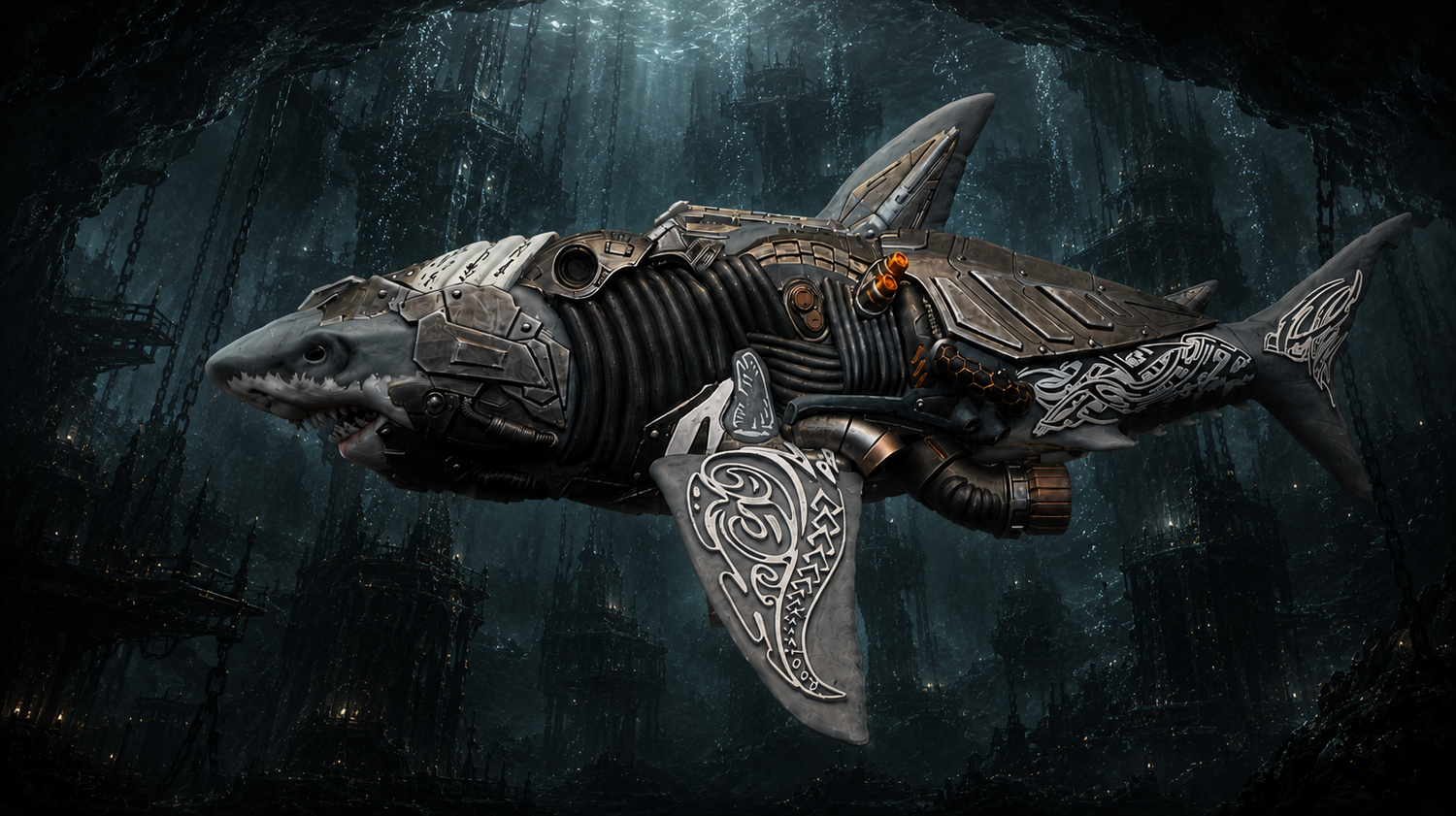 Museum-grade custom painted Warhammer 40K Carcharodons Cyber-Shark action figure mount centerpiece by ThroneTerra Toys.