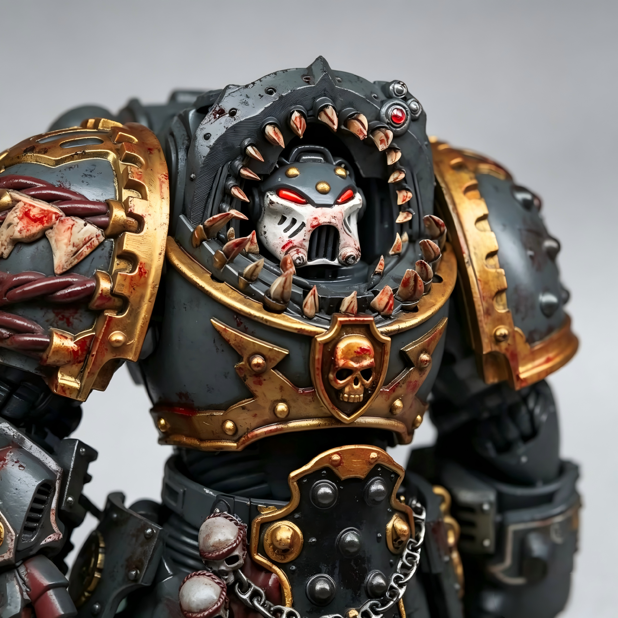 Close-up of Tyberos the Red Wake helmet with shark teeth collar and blood splatters.