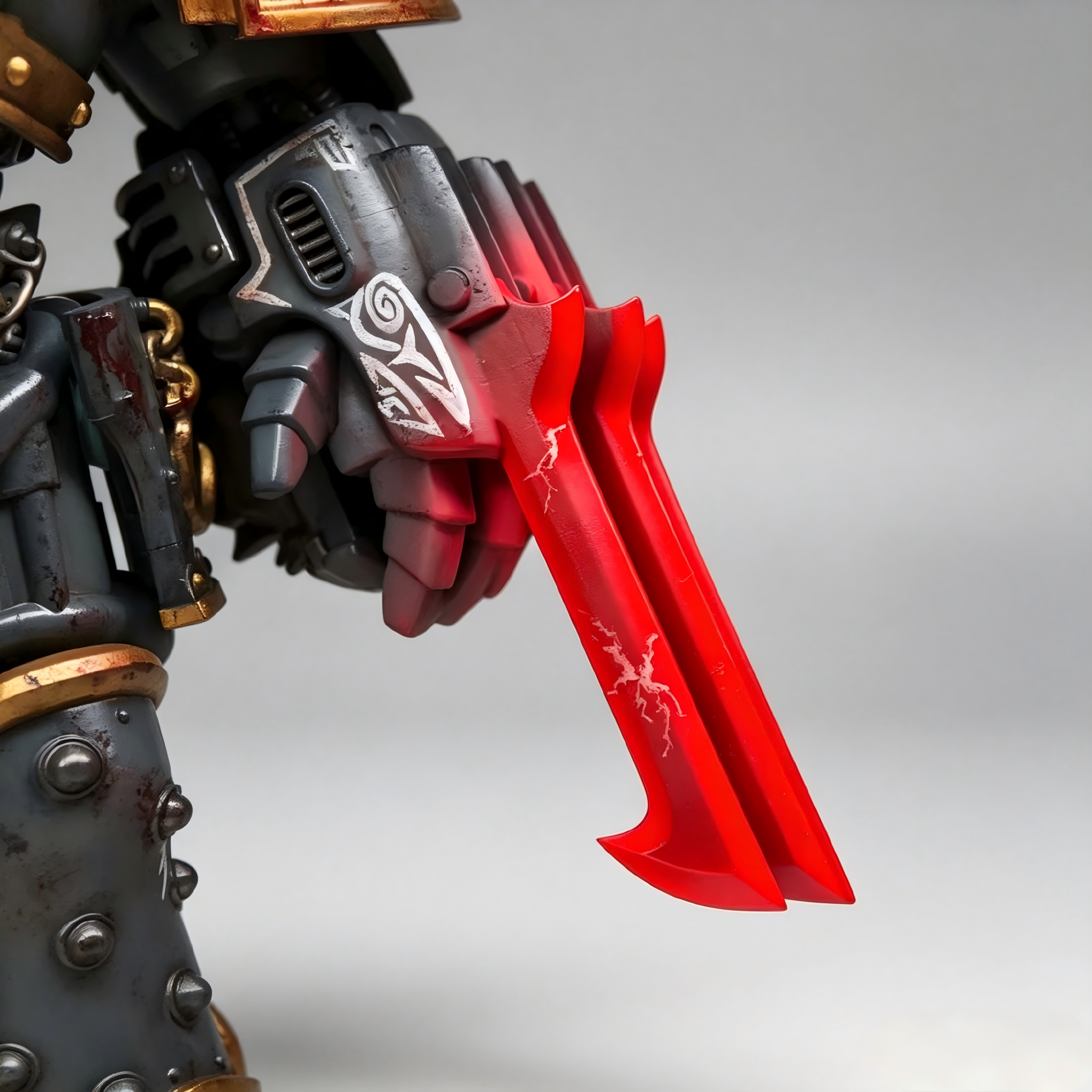 Detailed shot of Hunger and Slake lightning claws with translucent red gradient and hand-painted tribal tattoos.