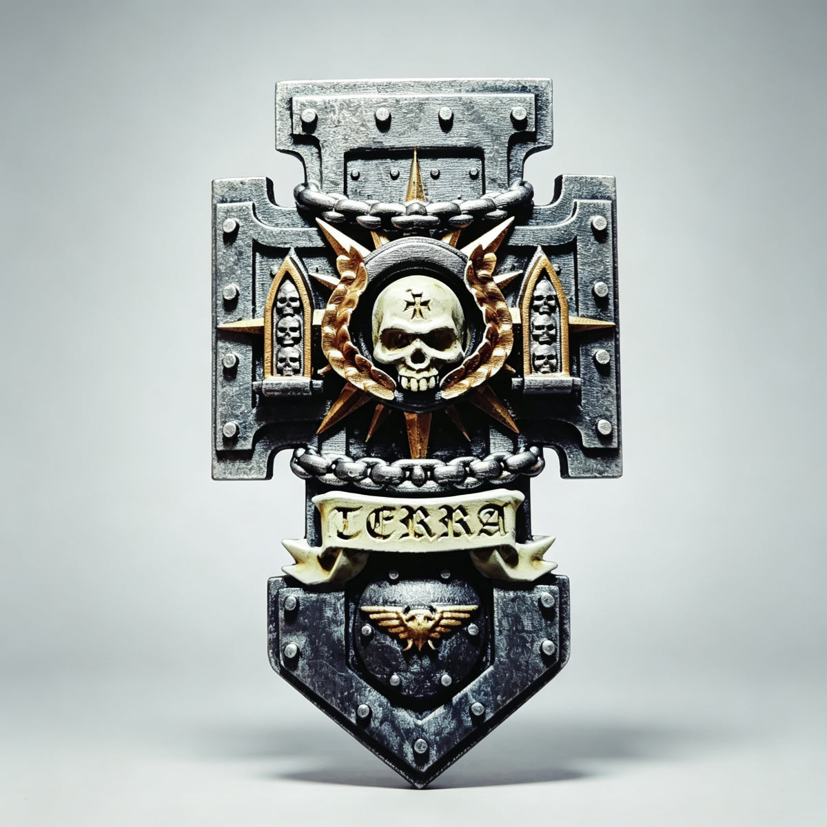Custom Space Marine Shield - TERRA Scroll & Laurel Skull