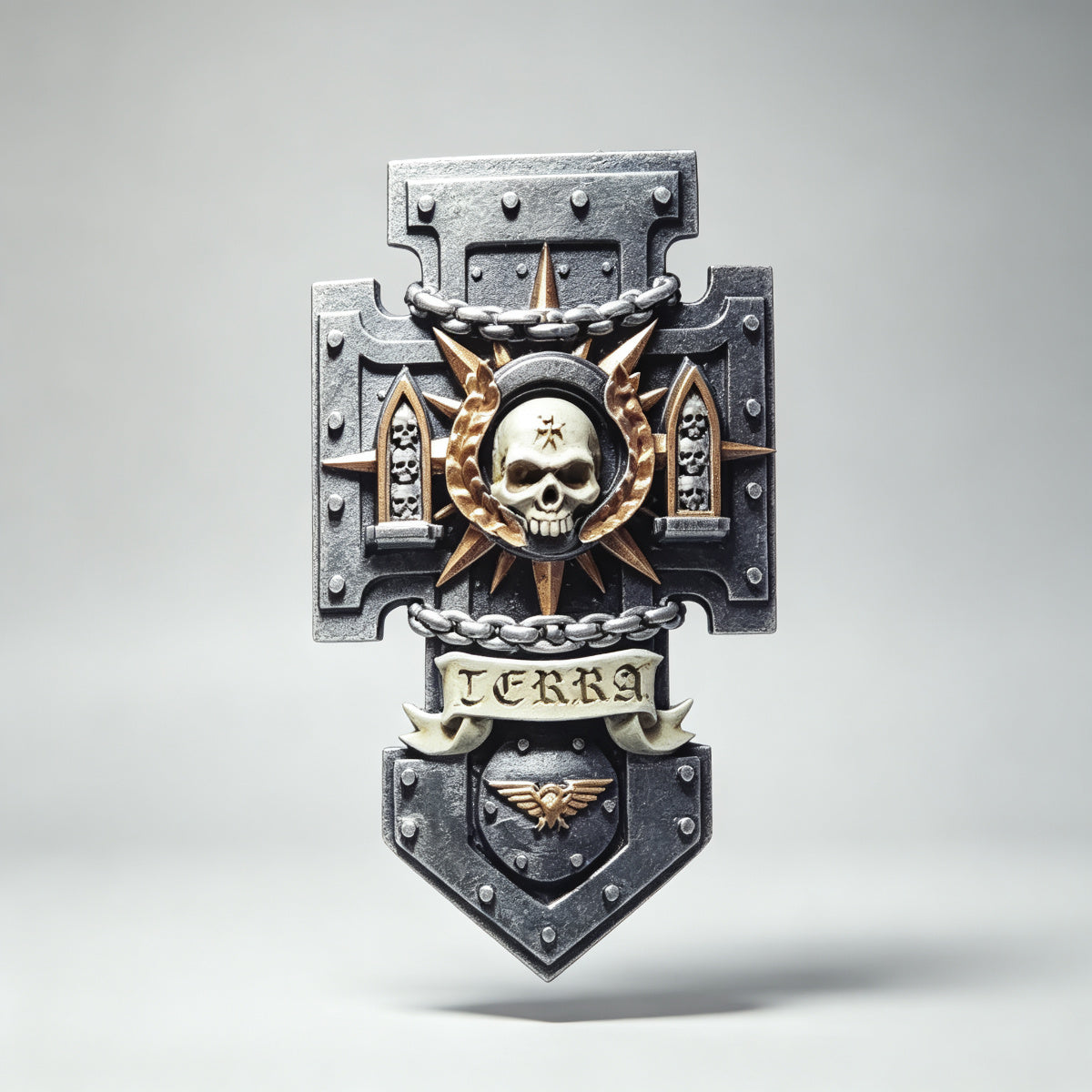 Custom Space Marine Shield - TERRA Scroll & Laurel Skull