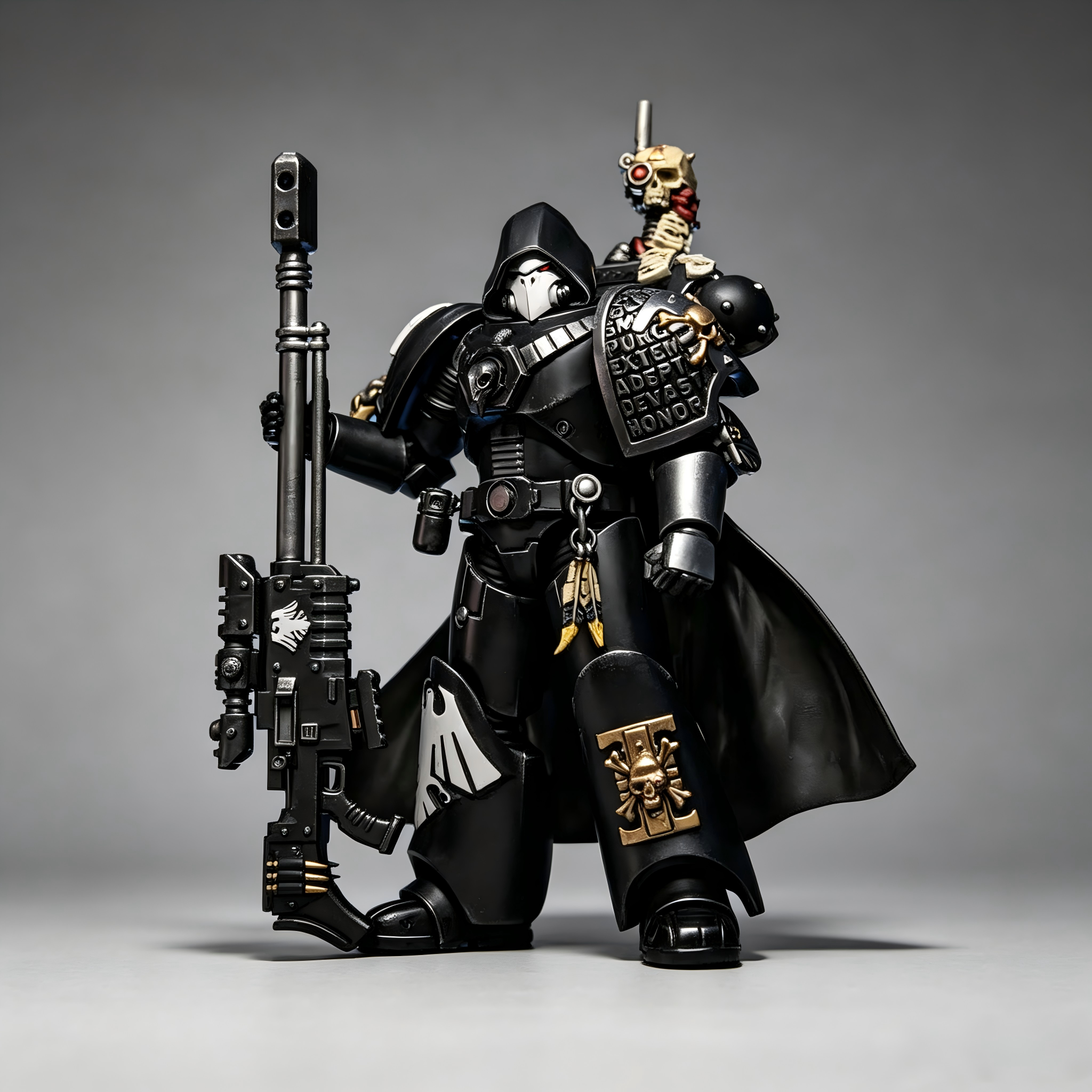 Front full-body view of the Shadow Raven Vanguard Morlaigh Elite 1:18 scale custom painted action figure, holding a massive long-range sniper rifle in a tactical matte black armor and hooded cloak.