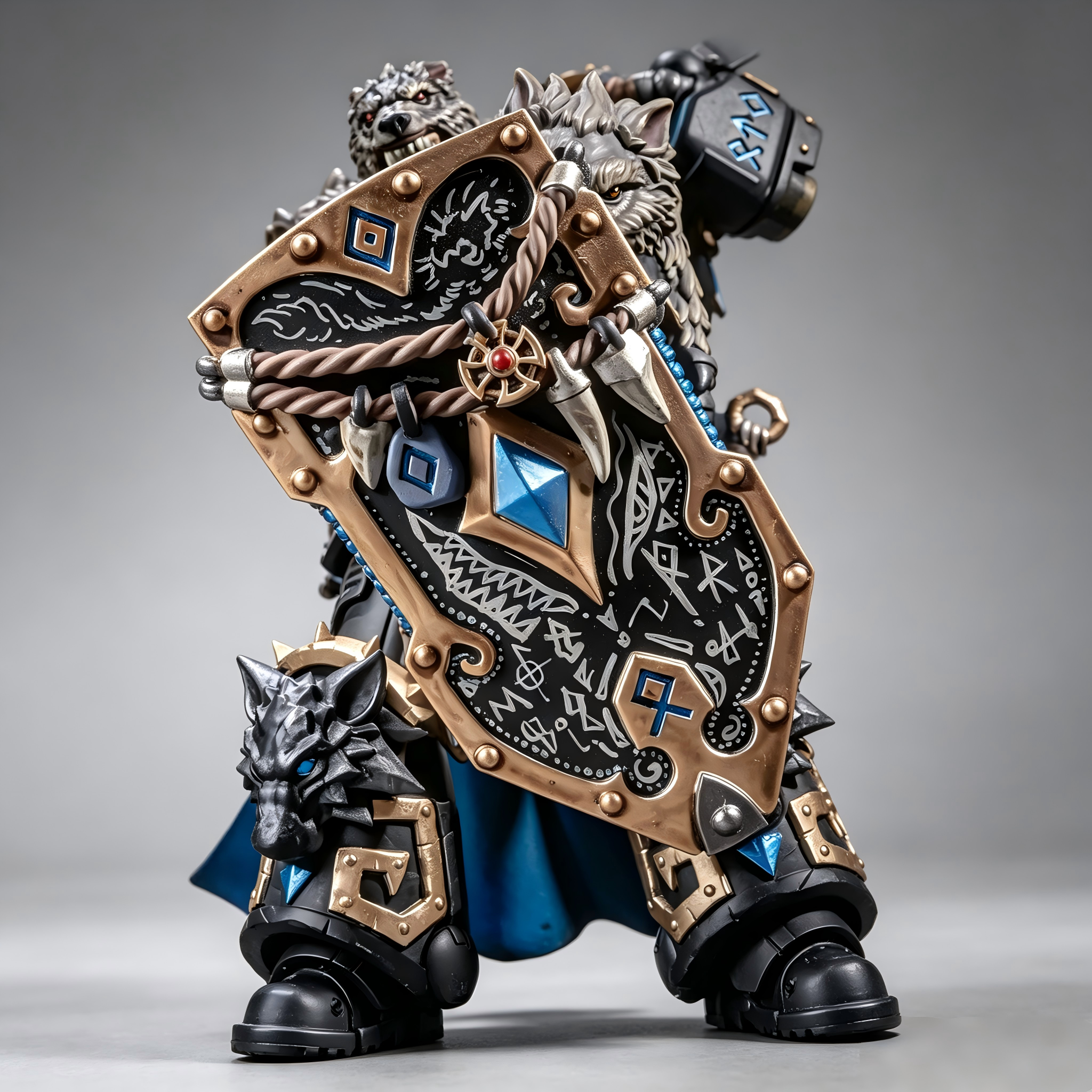 Masterwork custom repainted Space Wolves action figure holding a hand-painted runic storm shield, showcasing realistic fur gradient texturing and metallic blue gems.
