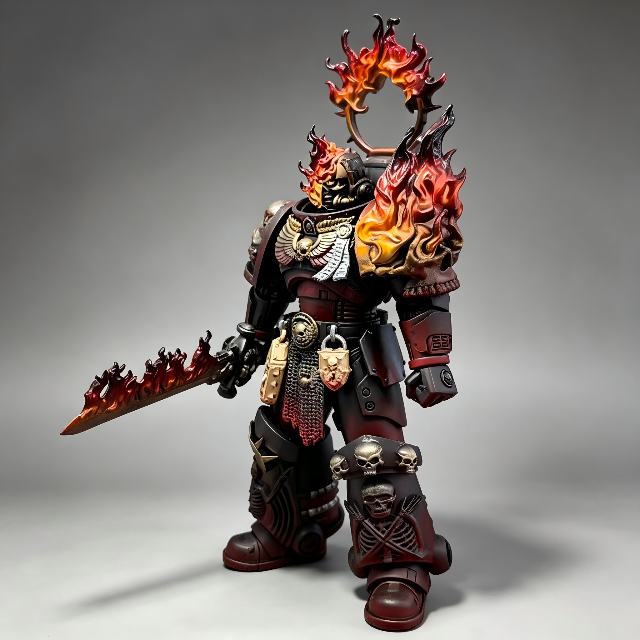 Left side profile of 1/18 Damned Legionnaire miniature showcasing the detailed flaming skull helmet and metallic ribcage leg engravings.