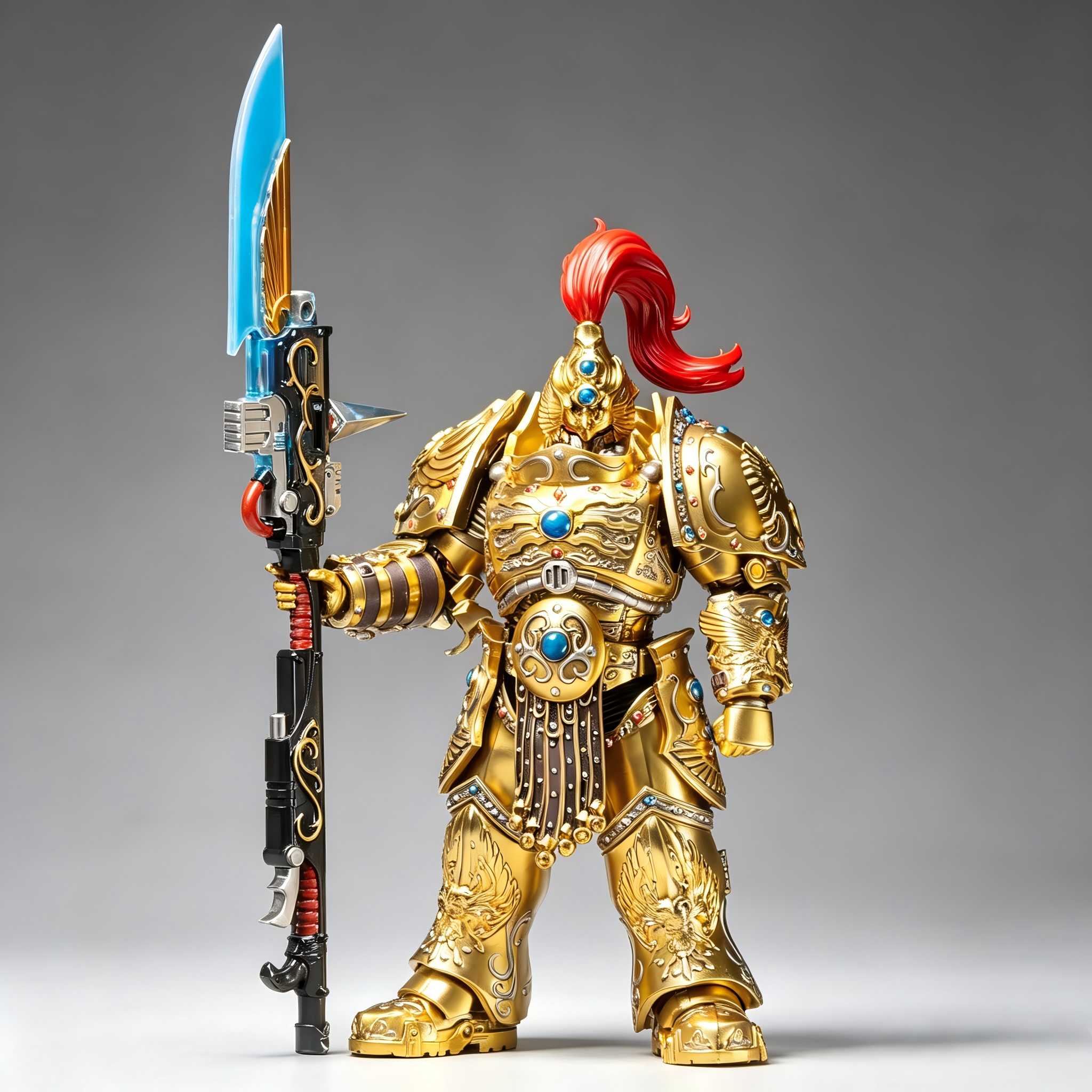 Front view of 13cm Adeptus Custodes custom figure on JoyToy 4.0 body, showcasing hand-painted NMM gold armor and a cyan-blue Guardian Spear.