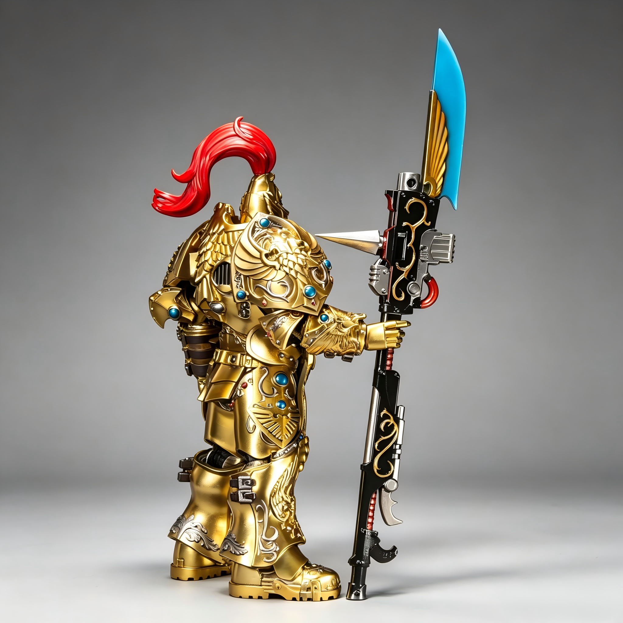 Three-quarter view of the premium NMM Adeptus Custodes miniature holding the power spear weapon horizontally, showing the red helmet plume.