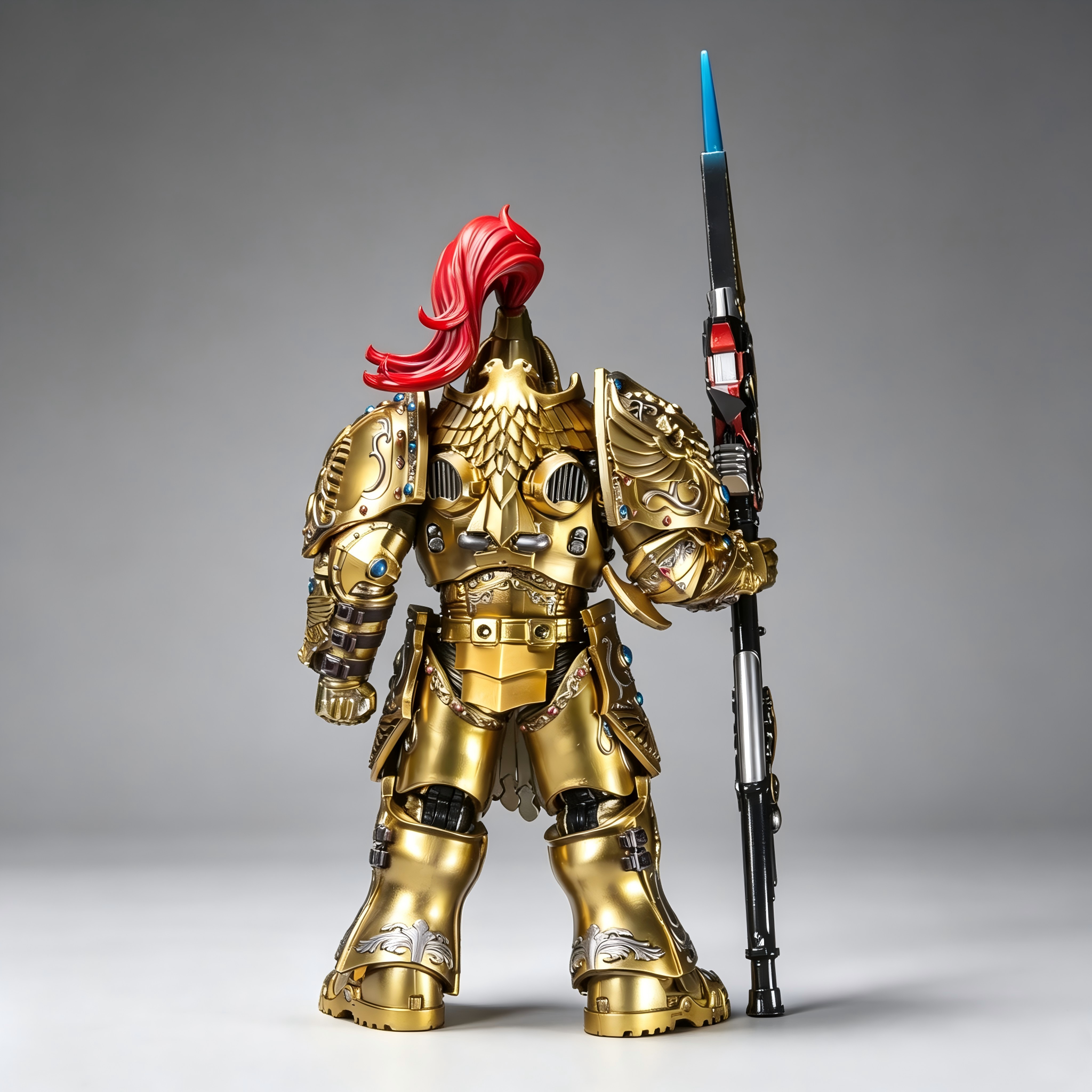 Rear view of the 13cm custom painted Custodian Guard figure, showcasing the hand-painted gold back plating, exhaust ports, and premium weathering.