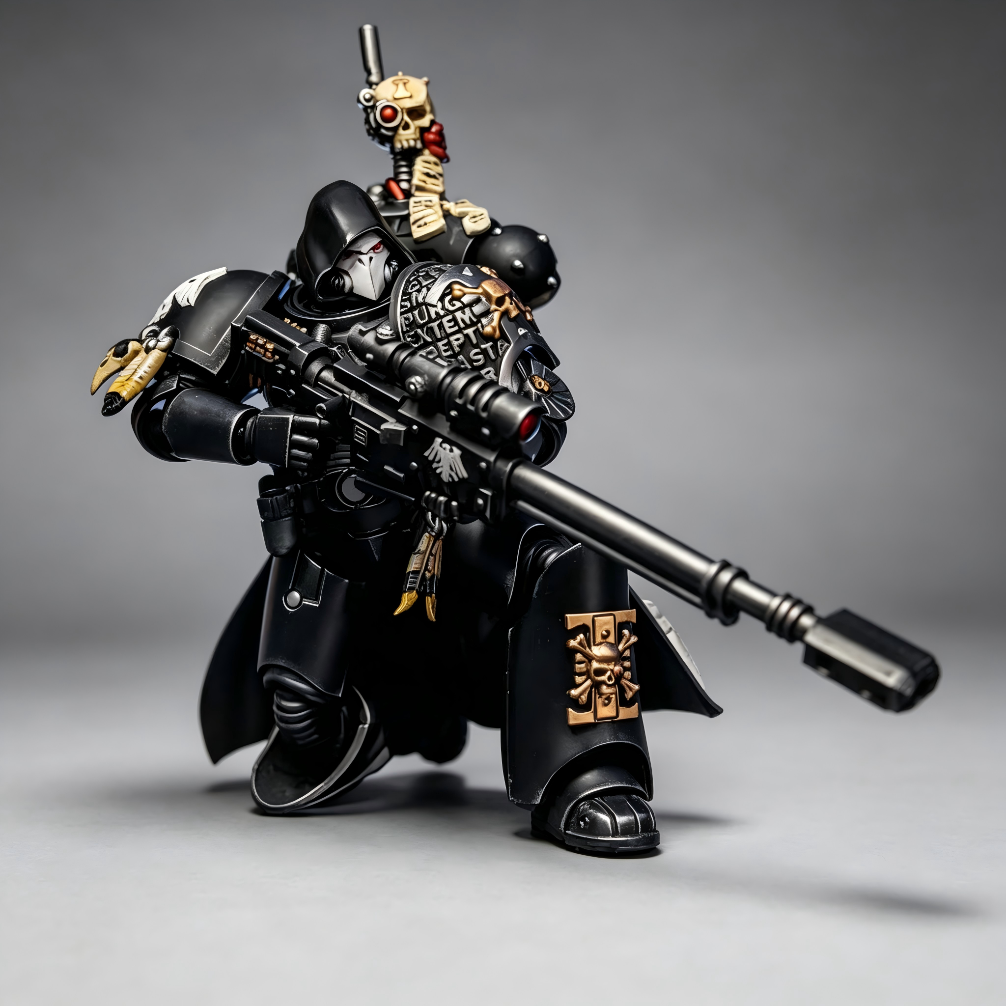 Action-packed front view of the custom Shadow Raven Vanguard Morlaigh Elite figure in a walking combat stance, emphasizing the engraved gothic script shoulder pauldron and premium matte finish.