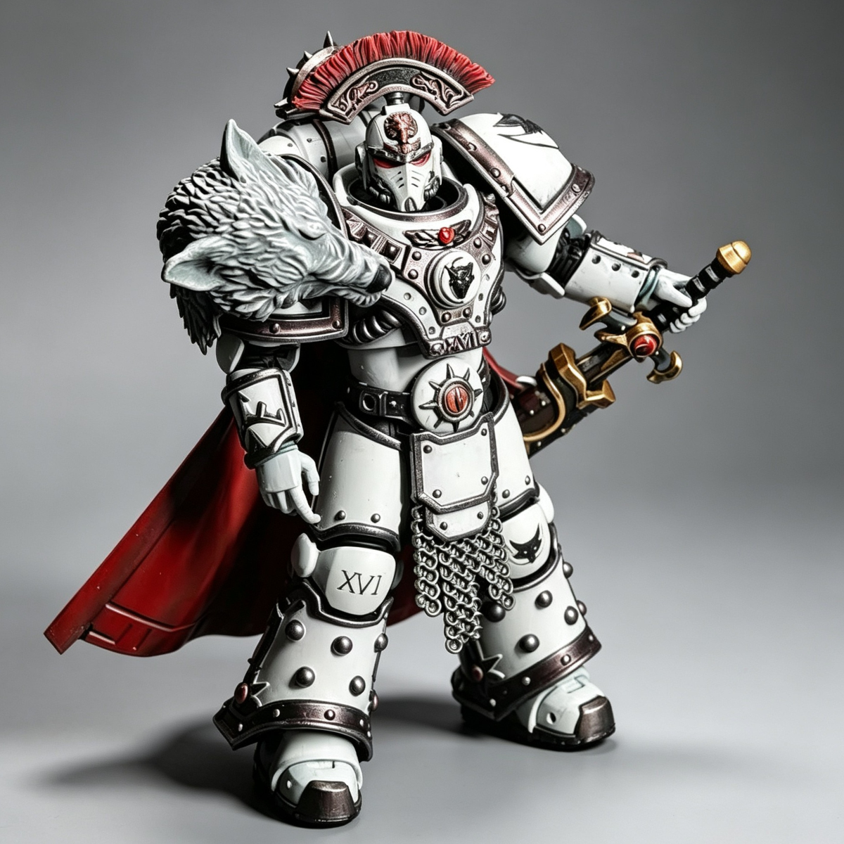 Front view of 1/18 XVI Legion Lunar Wolf Captain custom painted figure featuring white wolf pelt shoulder armor and red cape.