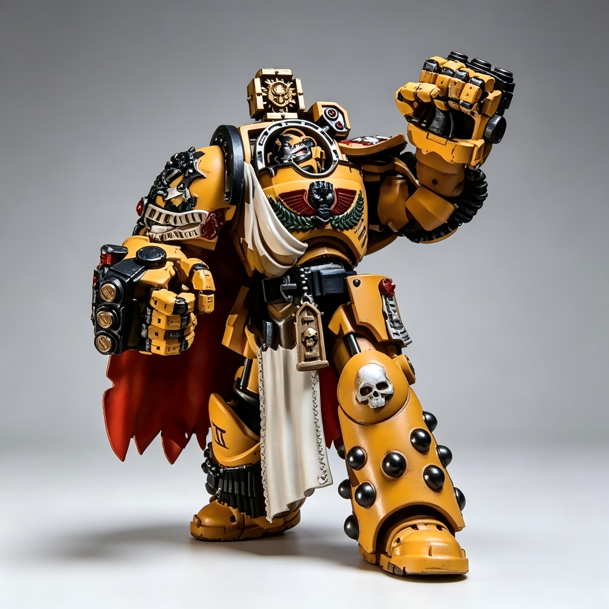 Front view of 1/18 custom Imperial Fists terminator captain showing dual power fists and white loincloth tabard.