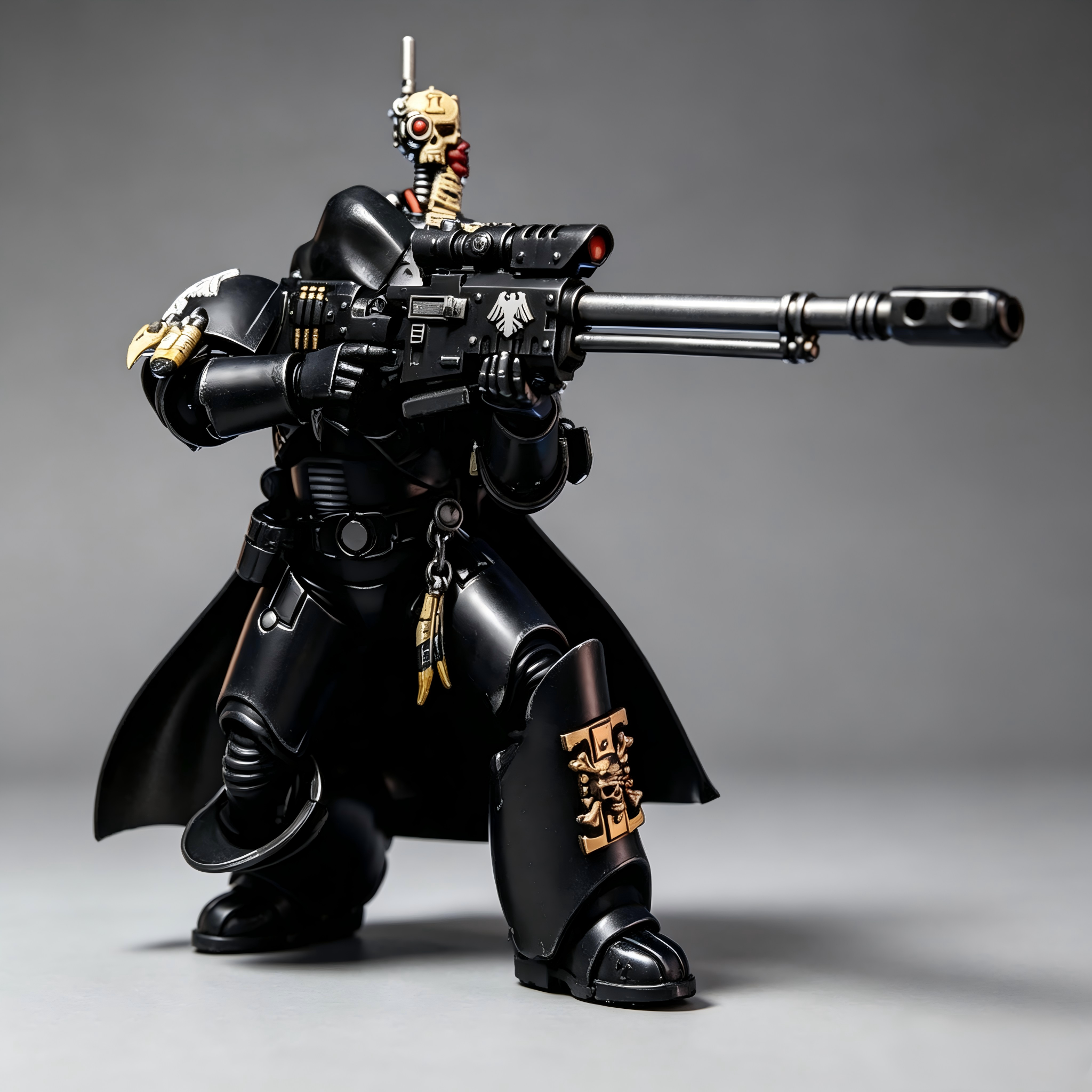 Dynamic kneeling sniper pose of the custom repainted Shadow Raven Vanguard action figure, aiming a heavy long-range tactical rifle with detailed cybernetic skull servo-comms array on the power pack.