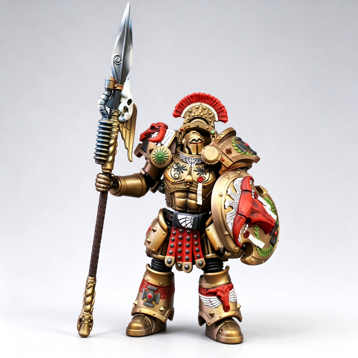 Custom 1/18 scale Minotaurs Chapter Master Asterion Moloc Terminator action figure holding the Gorgon Spear and a red bull shield in bronze armor.