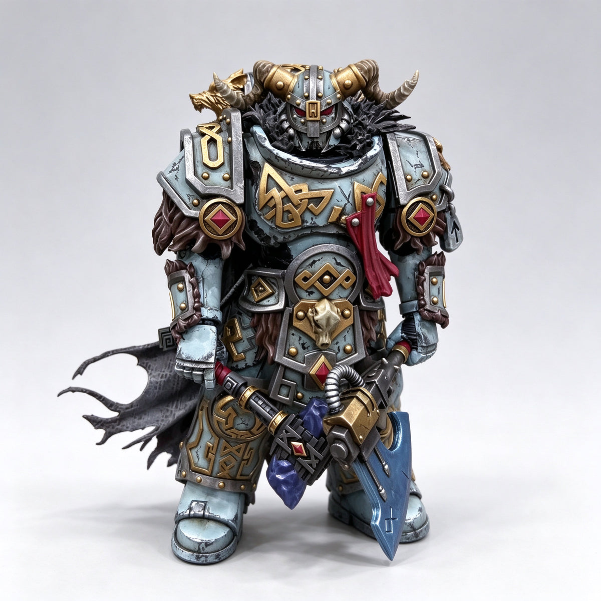 Custom 1/18 scale Space Wolves Wolf Lord action figure in ice-blue terminator armor holding a blue glowing frost axe and thunder hammer.