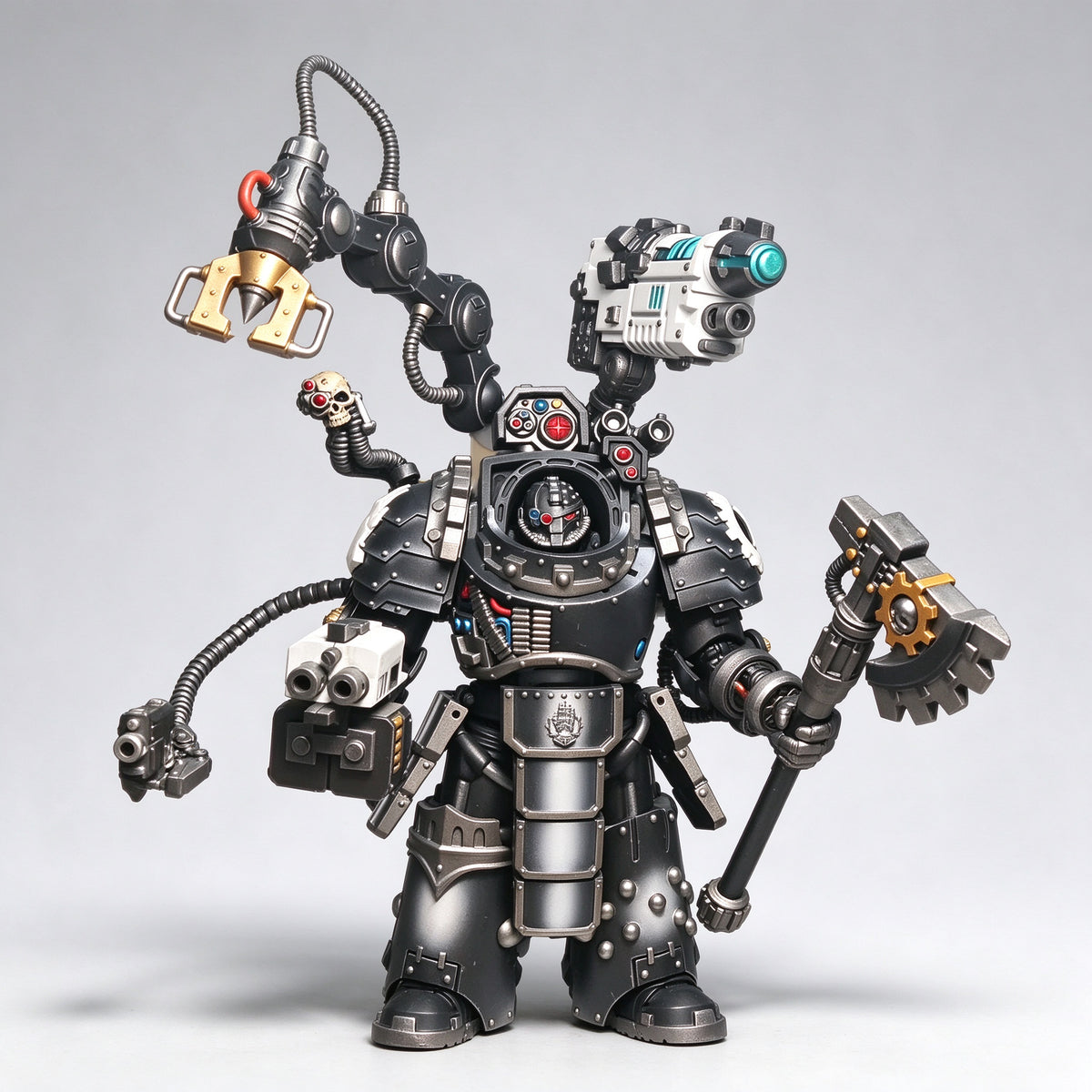 Custom 1/18 scale Iron Hands Gorgon Terminator action figure featuring black metallic armor, cybernetic bionics, and back-mounted robotic servo arms.