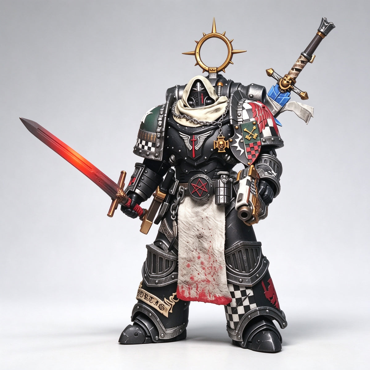 Custom 1/18 Dark Angels Calibanite Knight Veteran (Dual Flame/Ice Power Swords & Relic Shield)