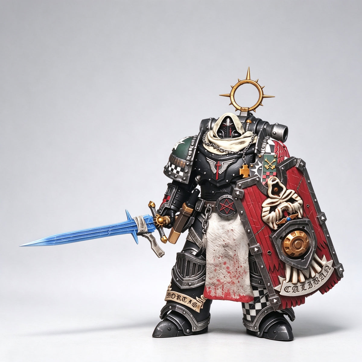 Custom 1/18 scale Dark Angels Calibanite Knight action figure with hooded helmet holding a glowing power sword and red Caliban shield.