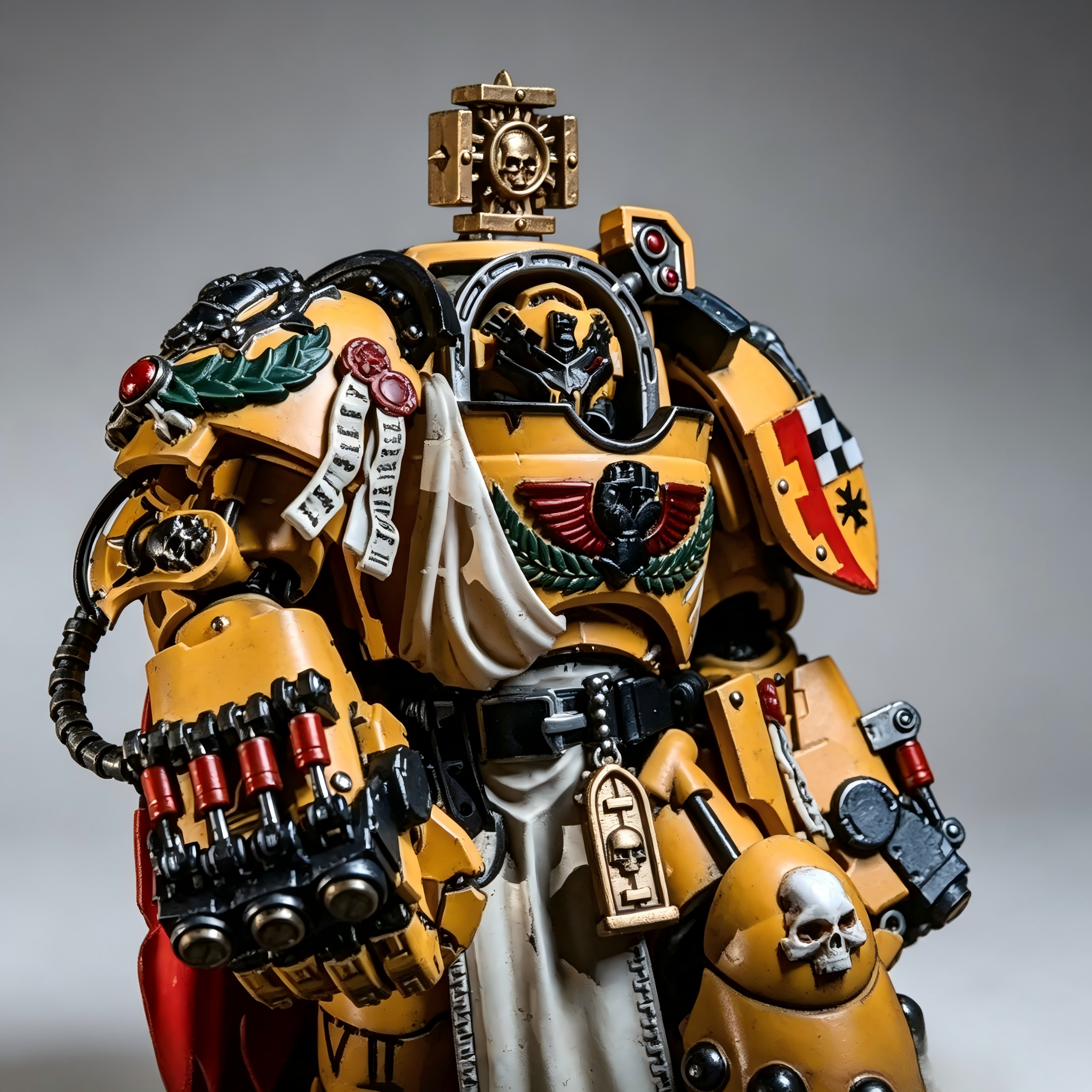 Close-up of 1/18 Imperial Fists custom terminator showing purity seals, laurel wreaths, and shoulder iron halo.
