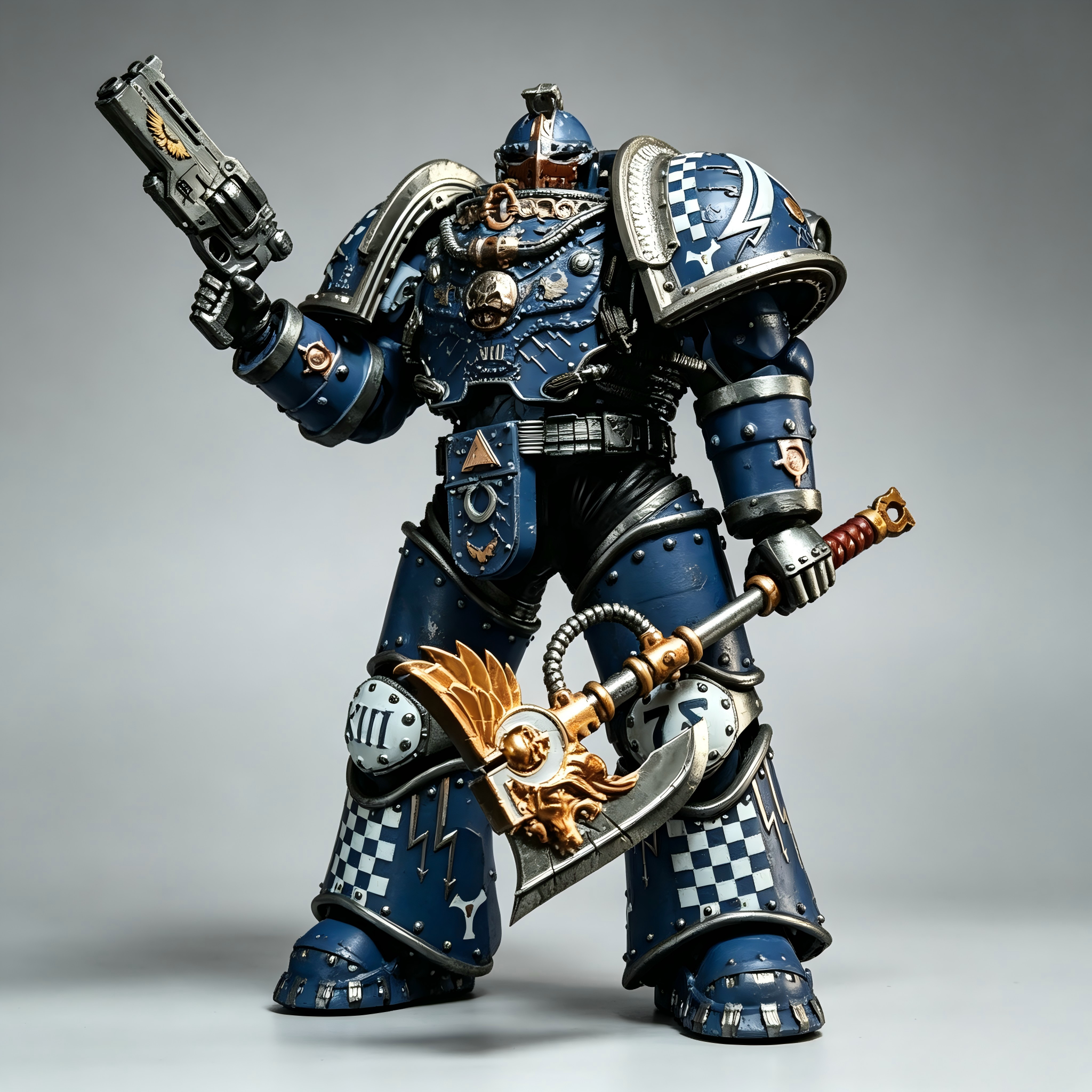 Ultramarines Death of Hope 1/18 custom repaint action figure raising a heavy revolver pistol and holding a golden ornate power axe.
