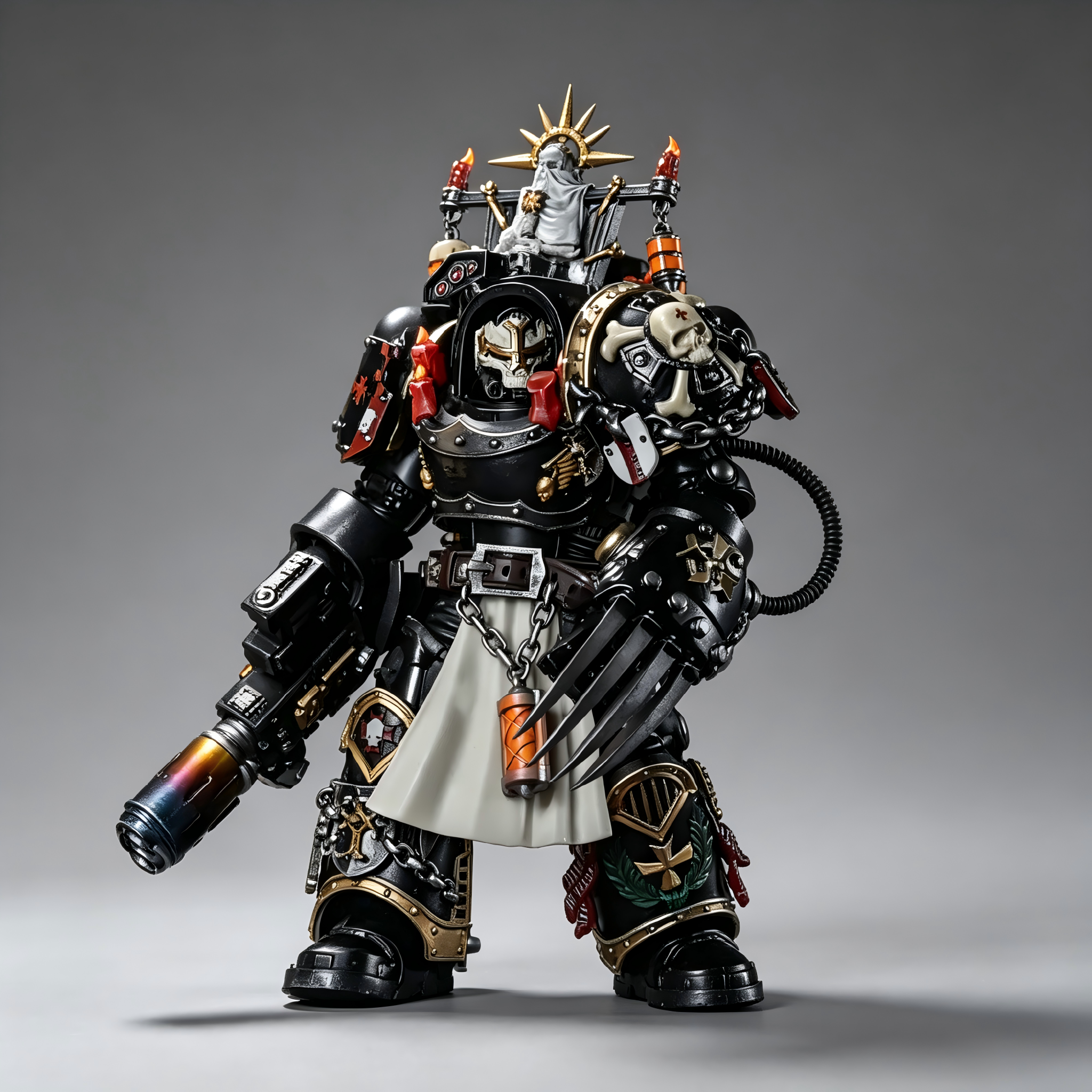 Side view of 1/18 Black Templars custom Terminator figure showing Maltese cross armor details and chained tabard.