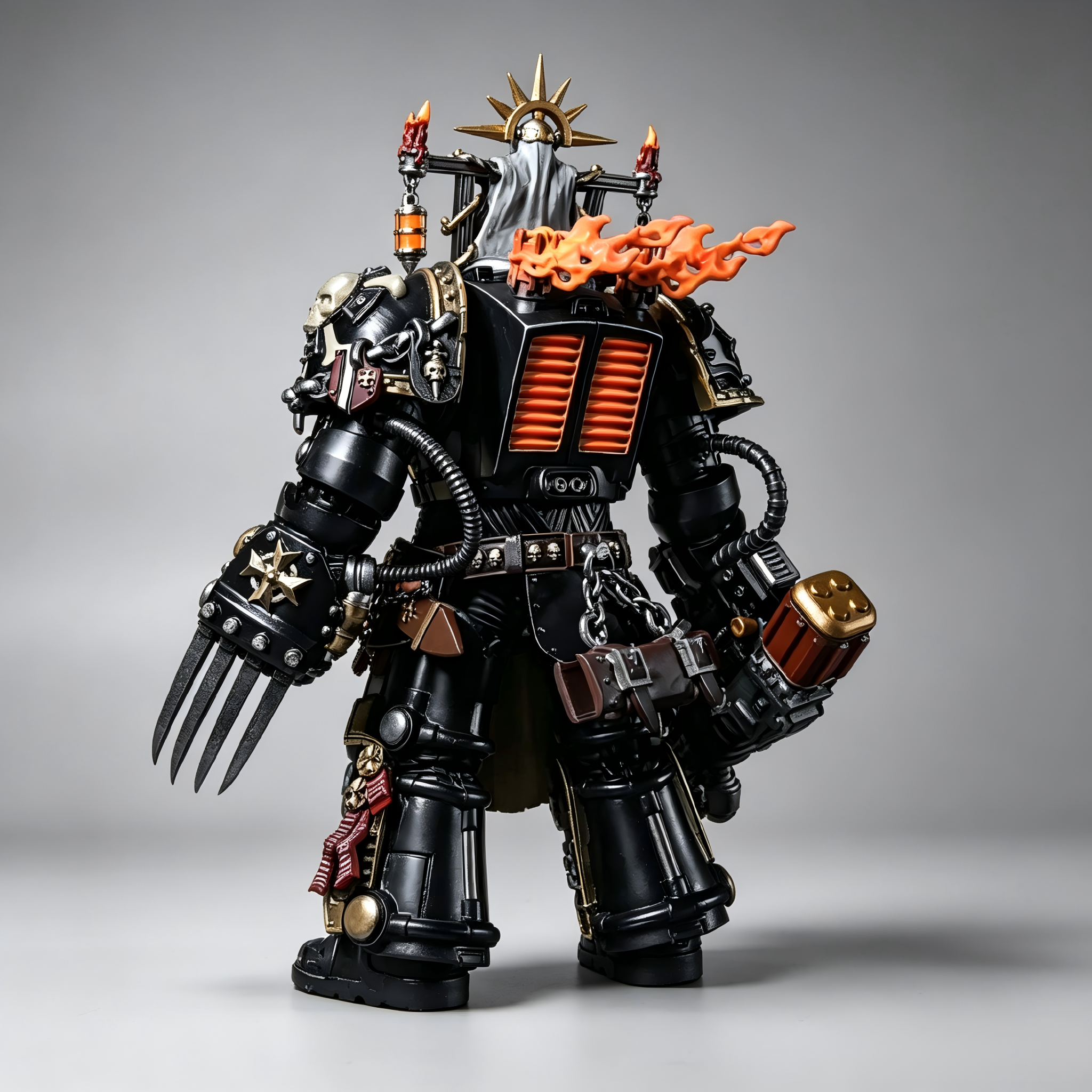 Back view of 1/18 custom Black Templars Marshal figure showing glowing orange exhaust vents and top reliquary shrine.