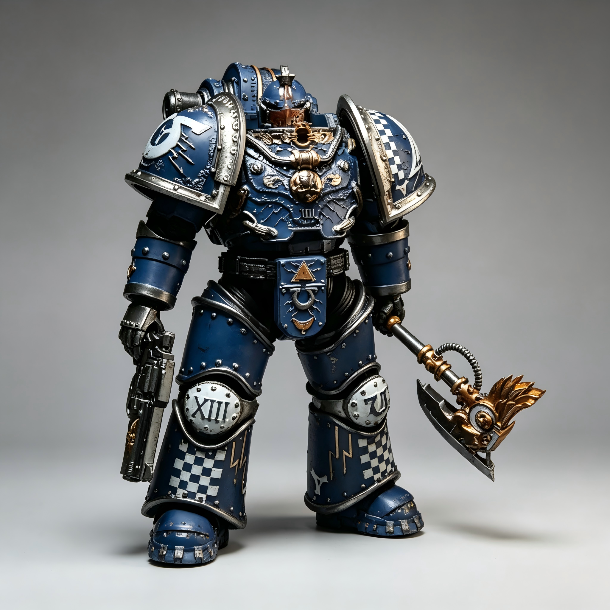 Front view of Ultramarines Death of Hope 1/18 custom figure in battle-damaged blue armor with checkered shin markings and Roman XIII shoulder icons.