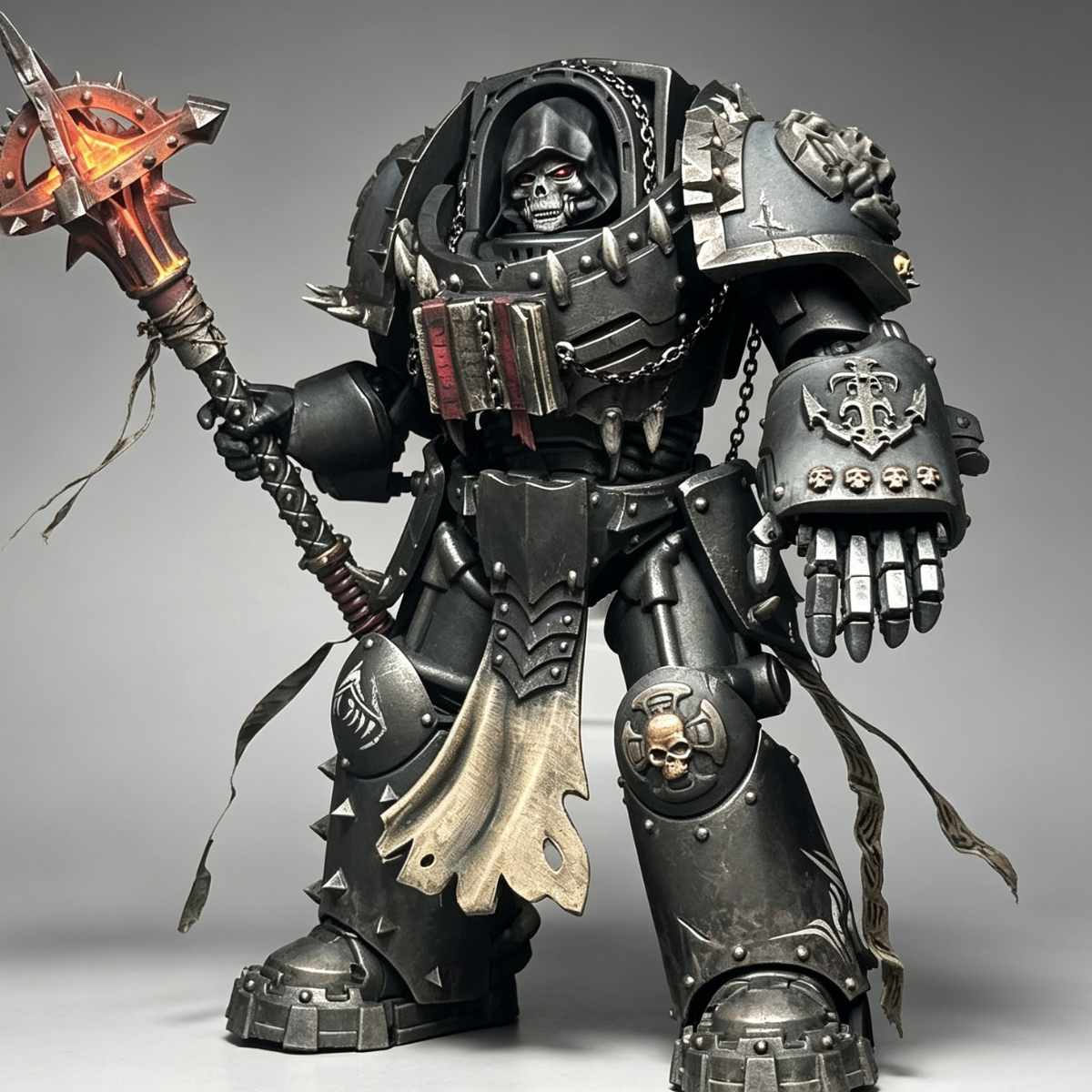 Three-quarter profile of custom painted Terminator Chaplain showcasing the heavy anchor shoulder emblem, iron chains, and weathered grey armor.