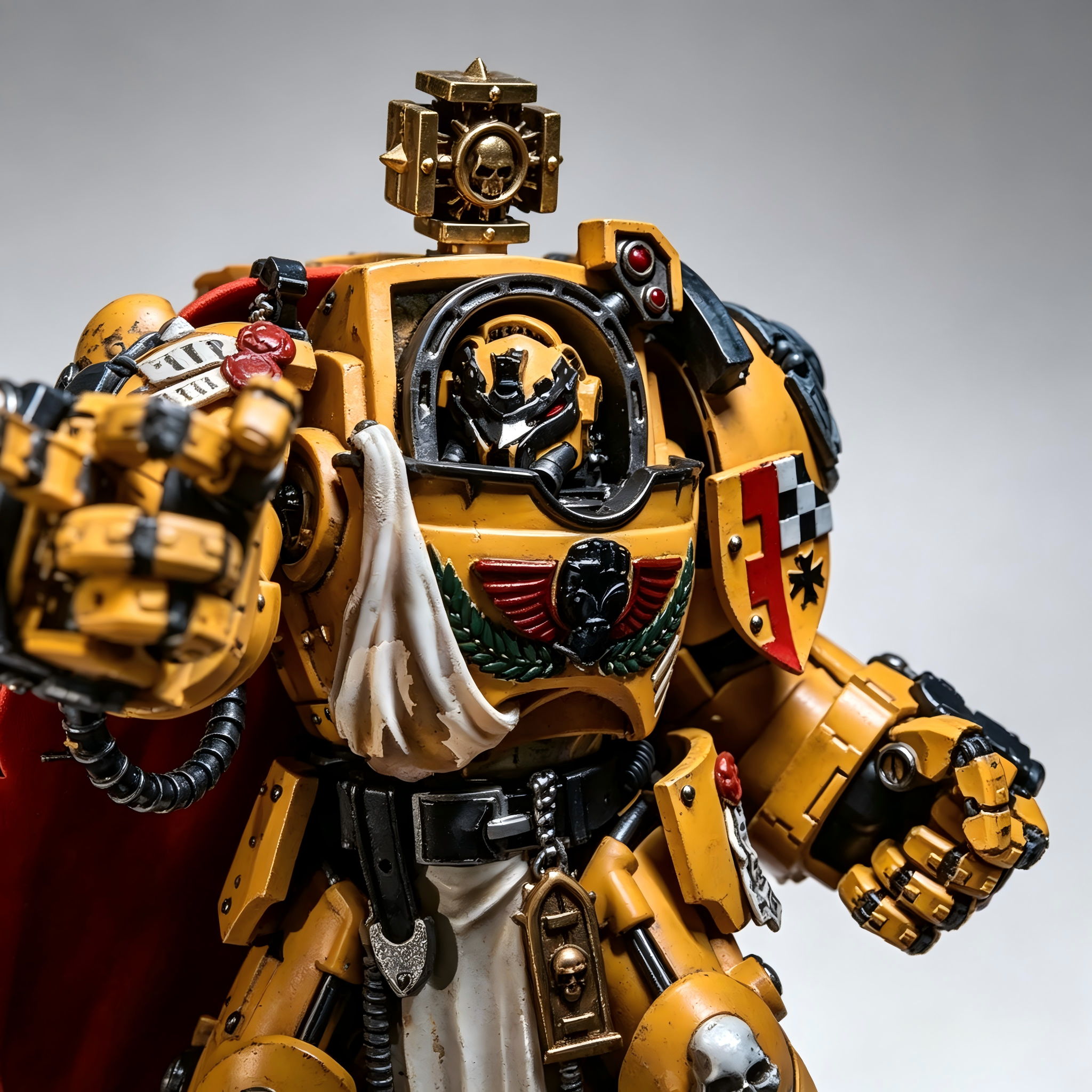 Upper body view of the custom 1/18 Imperial Fists terminator captain pointing forward with a heavy power fist.