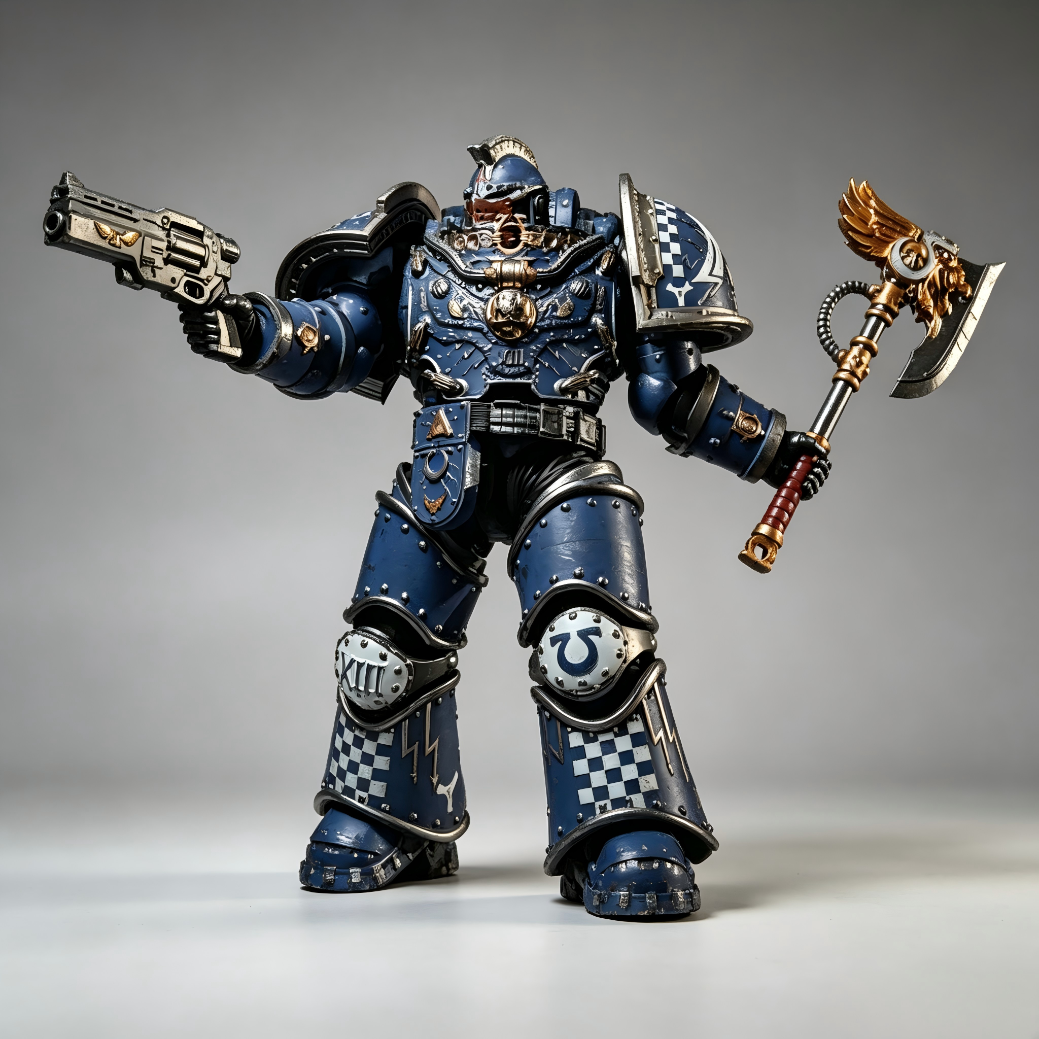 Action pose of Ultramarines Death of Hope 1/18 custom repaint Space Marine pointing a bolt pistol forward with power axe ready for battle.