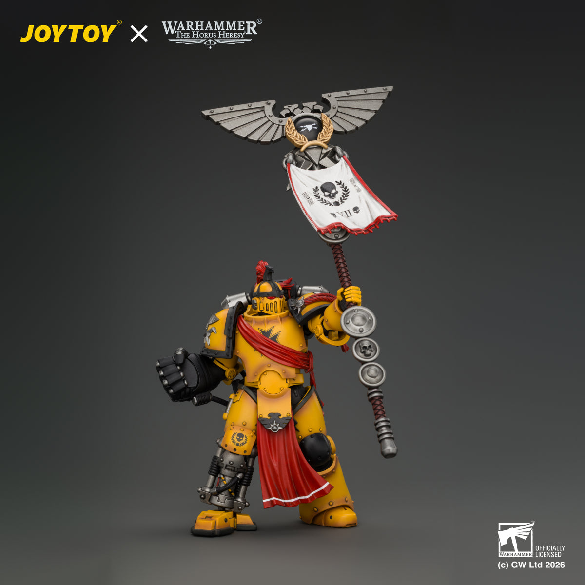 JOYTOY 1/18 scale Horus Heresy Imperial Fists Herald Consul holding a legion vexilla banner.