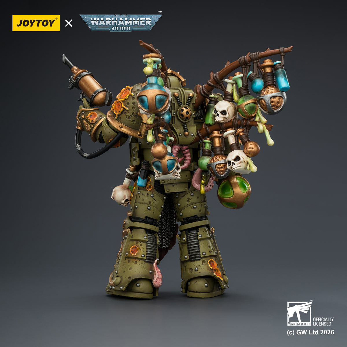 1/18 scale Death Guard Biologus Putrifier by JoyToy - Back view showing plague tanks and hose details.