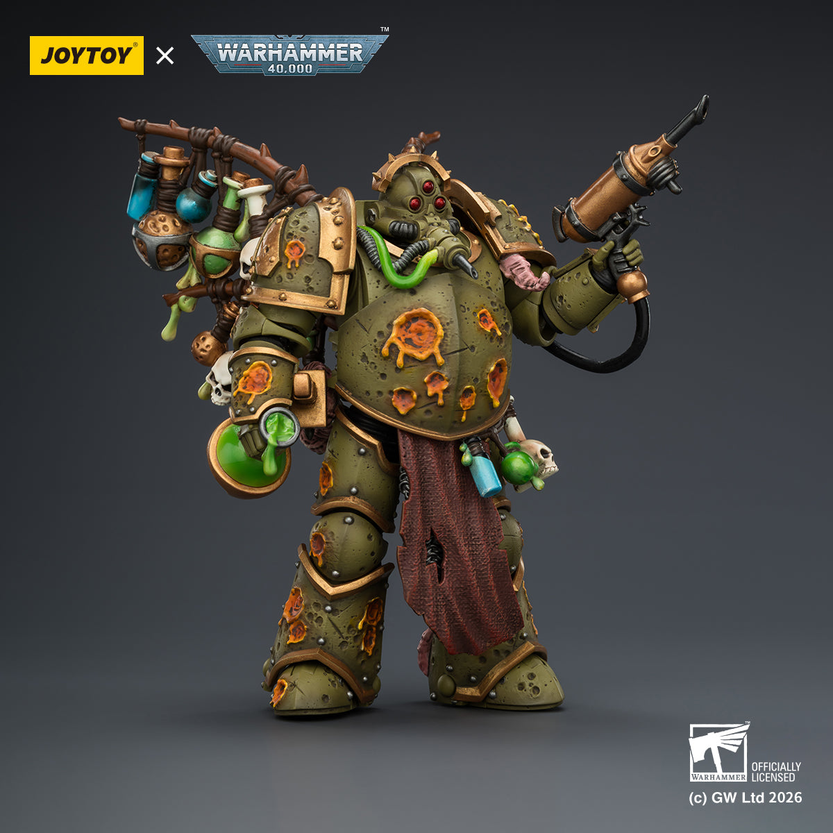 1/18 scale Death Guard Biologus Putrifier by JoyToy - Back view showing plague tanks and hose details.