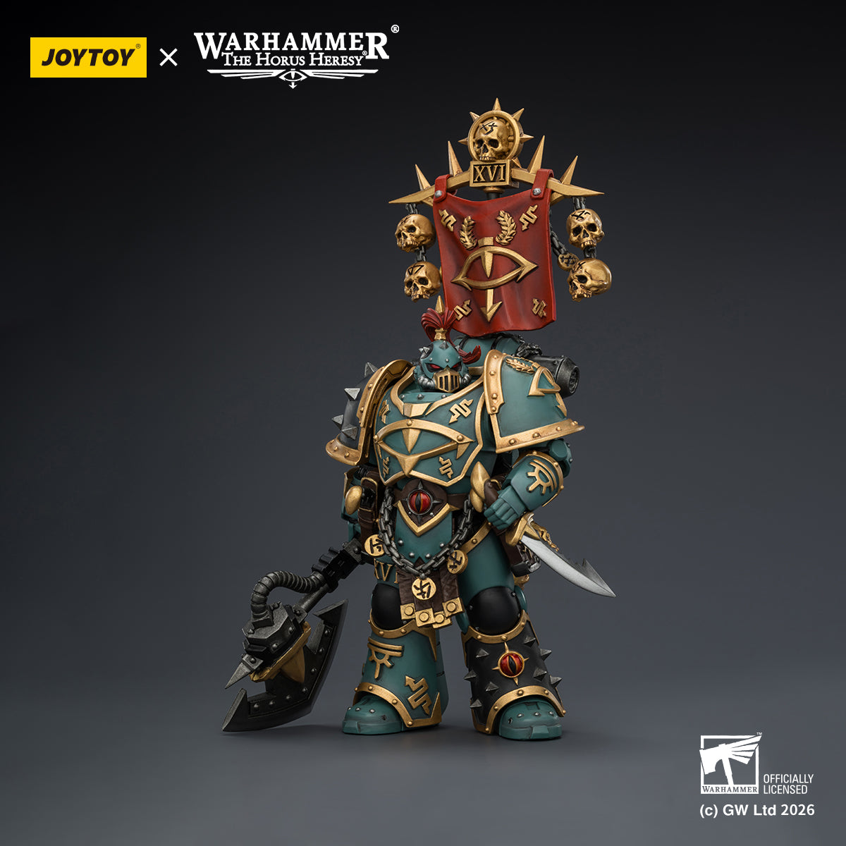 Sons of Horus iconic sea-green power armor with Cthonian mirrors, **Warhammer** Horus Heresy era detail.