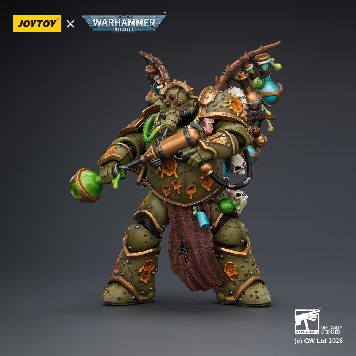 1/18 scale Death Guard Biologus Putrifier by JoyToy - Back view showing plague tanks and hose details.