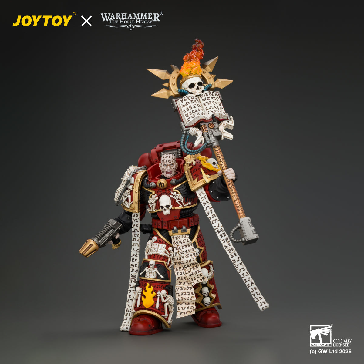 JOYTOY 1/18 scale Horus Heresy Word Bearers Erebus action figure with flaming mace and facial scripture tattoos.