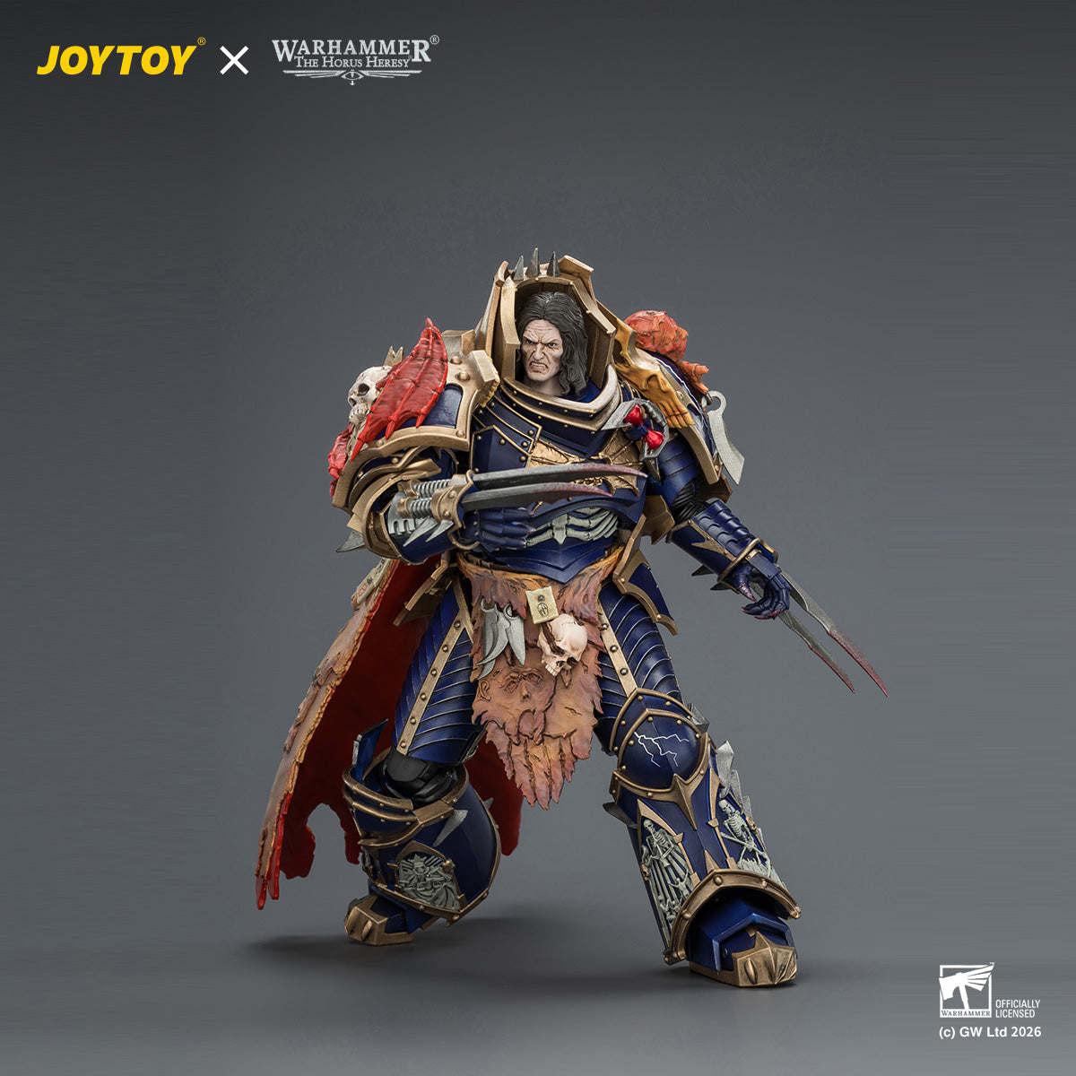 Dynamic action pose of the JOYTOY Warhammer 40K Konrad Curze Primarch figure, leaning forward with his left lightning claw extended in a menacing combat stance.