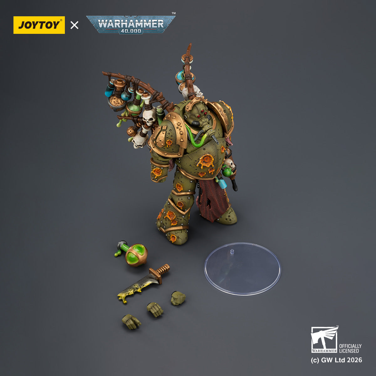 1/18 scale Death Guard Biologus Putrifier by JoyToy - Back view showing plague tanks and hose details.
